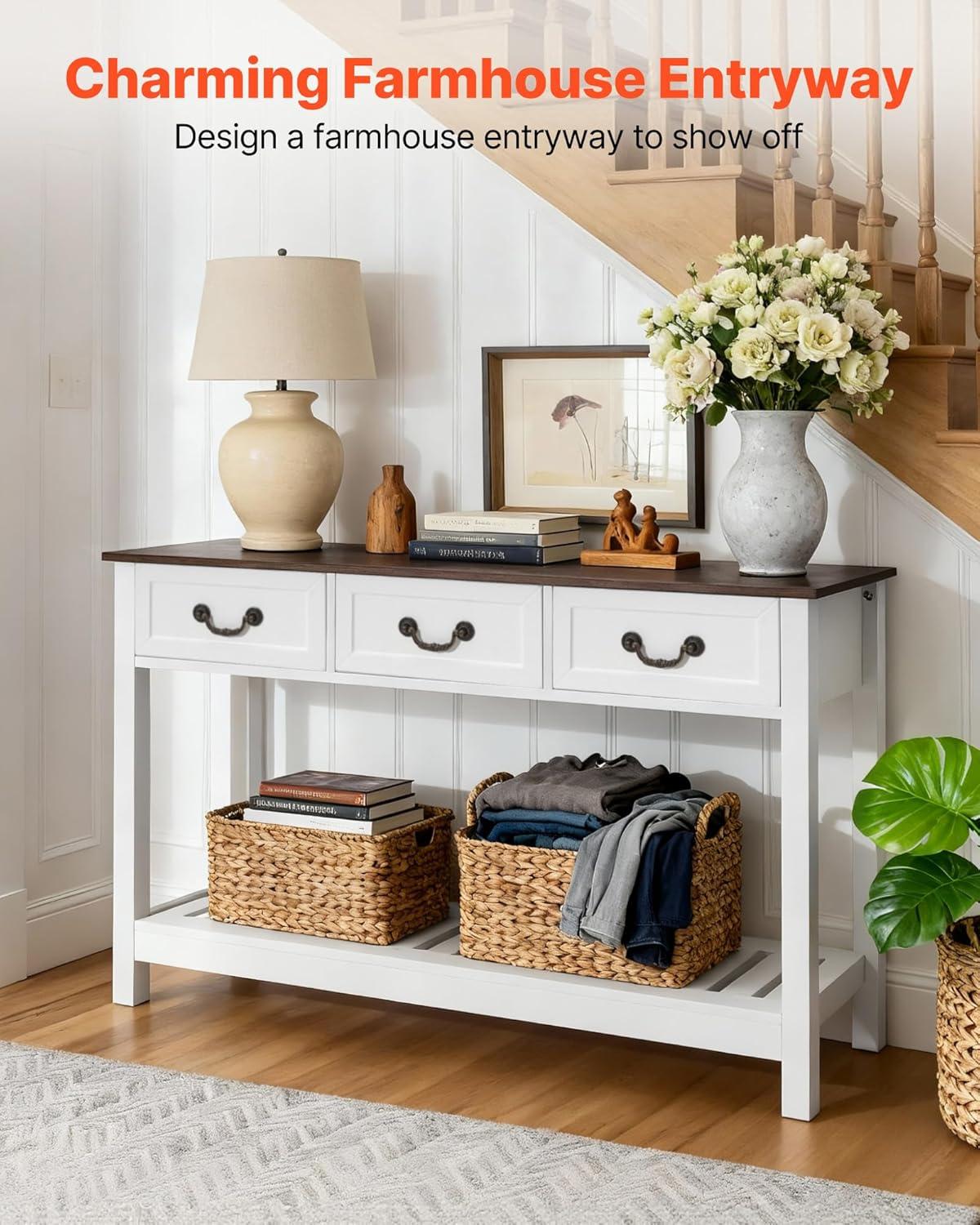 image:imageVEVOR 47 in Console Table Farmhouse Desk Behind The Couch with Drawers and Bottom Storage Shelf Wooden Rectangle Entrance Narrow Sofa Table for Hallway Bedroom Living Room Foyer Brown White