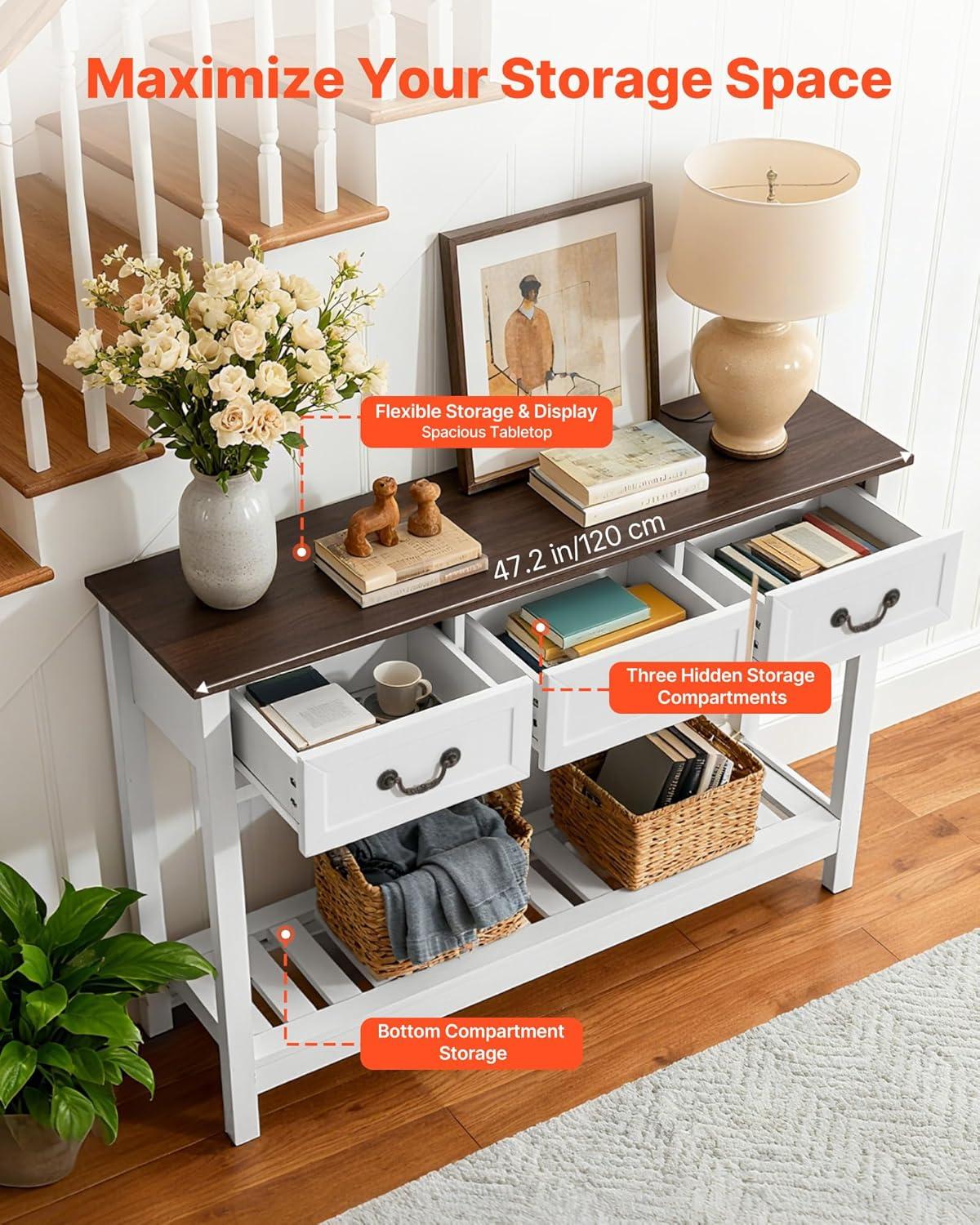 image:imageVEVOR 47 in Console Table Farmhouse Desk Behind The Couch with Drawers and Bottom Storage Shelf Wooden Rectangle Entrance Narrow Sofa Table for Hallway Bedroom Living Room Foyer Brown White