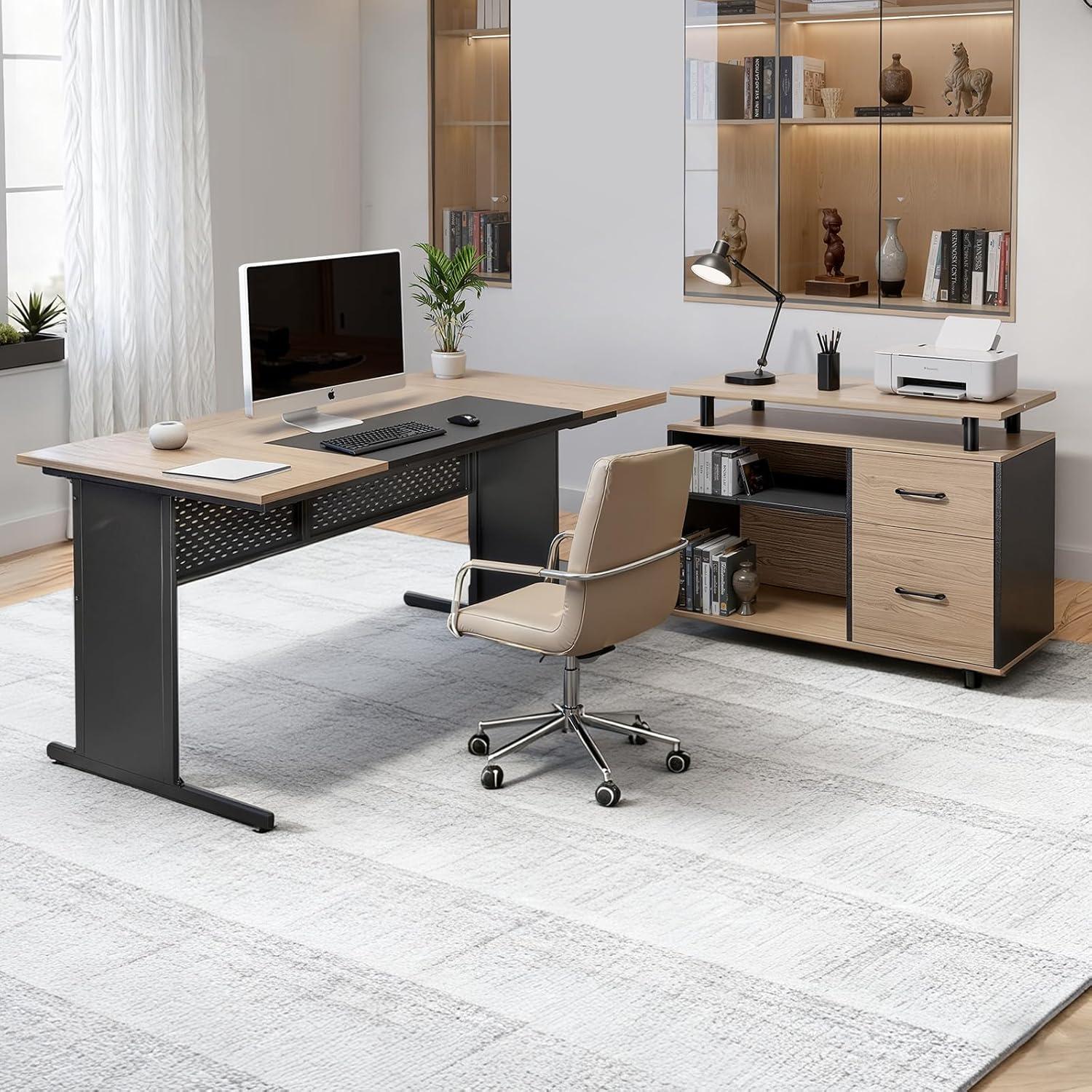 image:imageVEVOR 63 LShaped Executive Desk Large Office Desk with Drawers File Storage Cabinet Detachable 350 LBS Load Capacity Corner Table Easy Assembly Business Furniture Workstation for Home Office63315393157