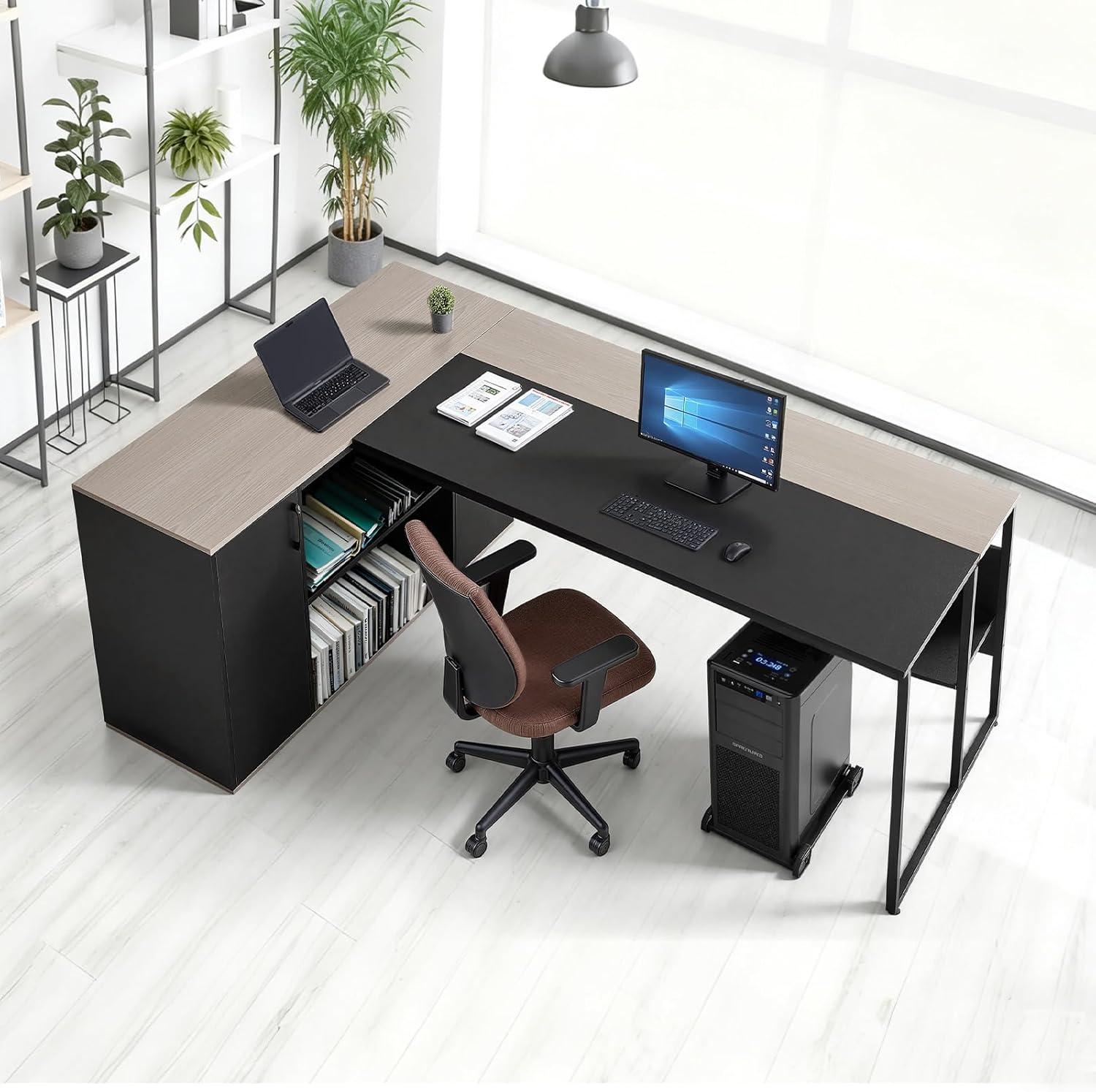 image:imageVEVOR 63 LShaped Executive Desk Large Office Desk with Drawers File Storage Cabinet Detachable 350 LBS Load Capacity Corner Table Easy Assembly Business Furniture Workstation for Home Office7153