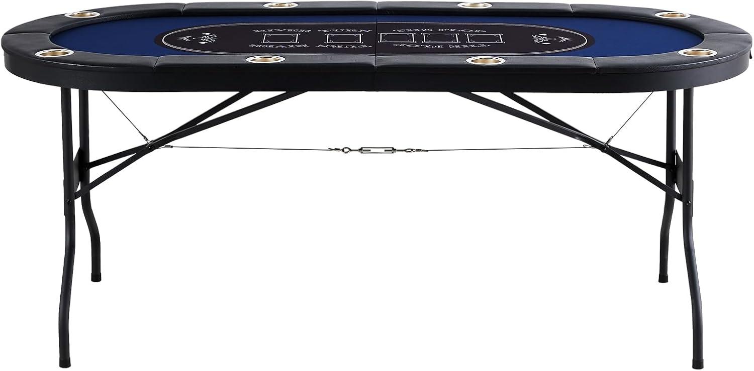 image:imageVEVOR 8 Player Poker Table Foldable Portable Folding Card Board Game Table Casino Leisure Table Blackjack Texas Holdem Table with Padded Rails and Stainless Steel Cup HoldersBlue 72 in