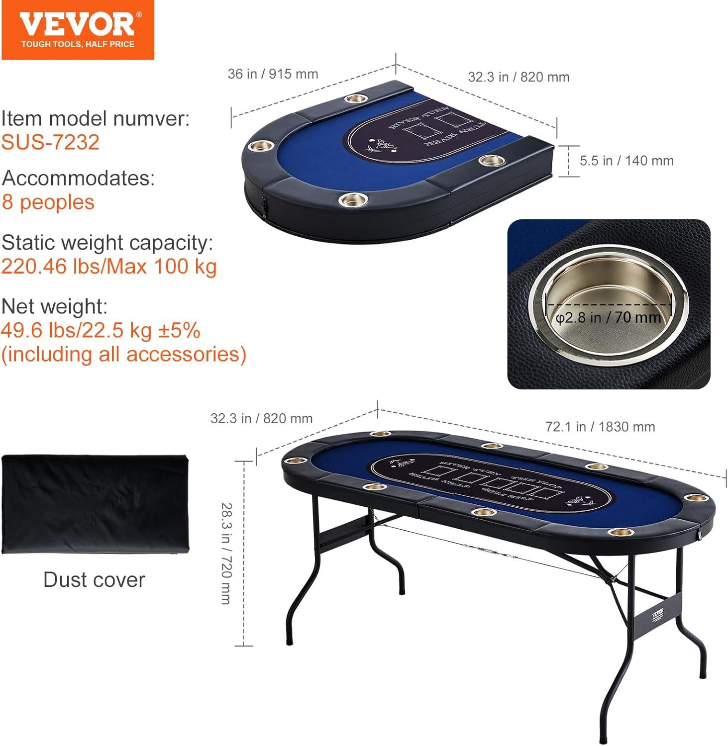 image:imageVEVOR 8 Player Poker Table Foldable Portable Folding Card Board Game Table Casino Leisure Table Blackjack Texas Holdem Table with Padded Rails and Stainless Steel Cup HoldersBlue 72 in