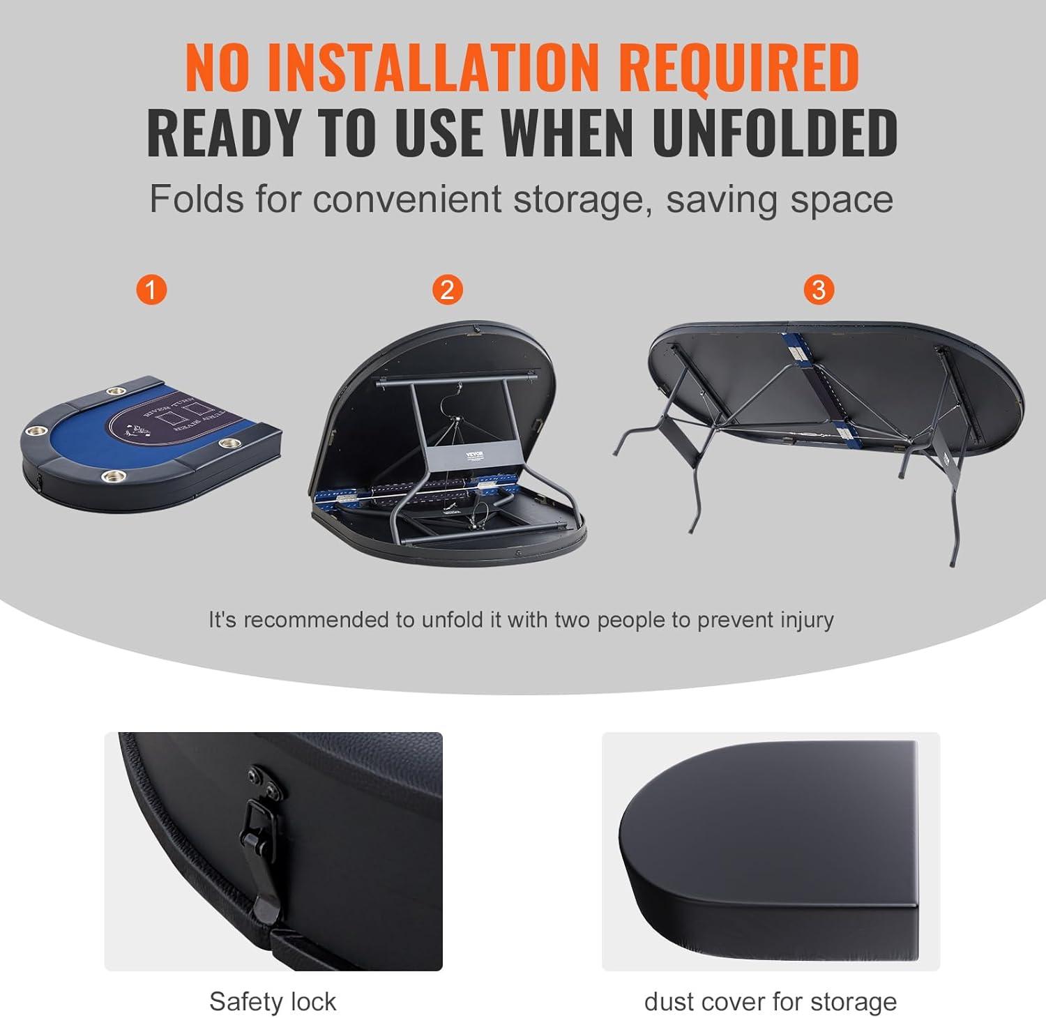 image:imageVEVOR 8 Player Poker Table Foldable Portable Folding Card Board Game Table Casino Leisure Table Blackjack Texas Holdem Table with Padded Rails and Stainless Steel Cup HoldersBlue 72 in