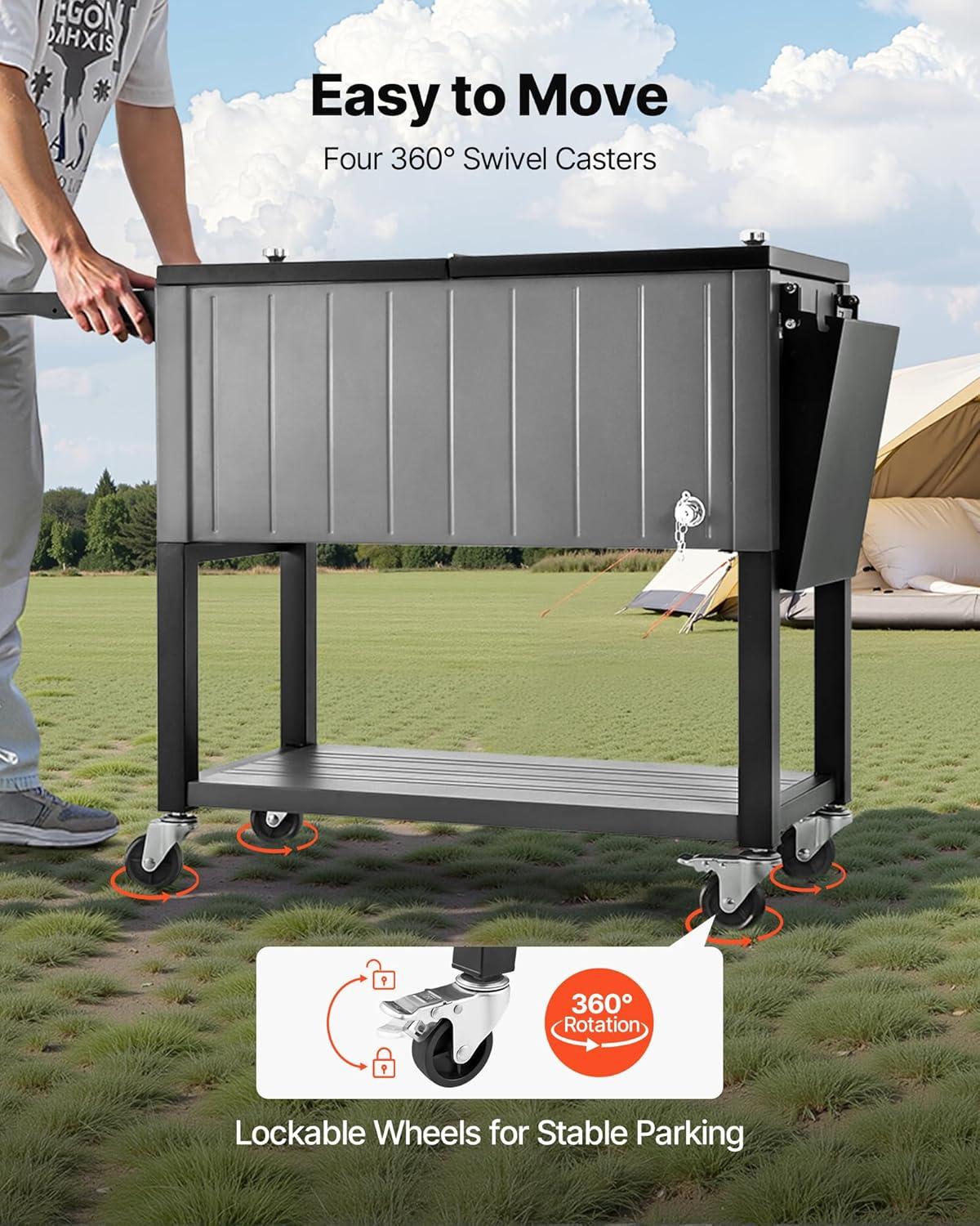 image:imageVEVOR 80QT Rolling Ice Chest Holds up to 50 Bottles 110 Cans Portable Patio Party Bar Drink Cooler Cart with Bottom Shelf amp Foldable Side Shelves Beverage Pool with Swivel Wheels amp Bottle Opener