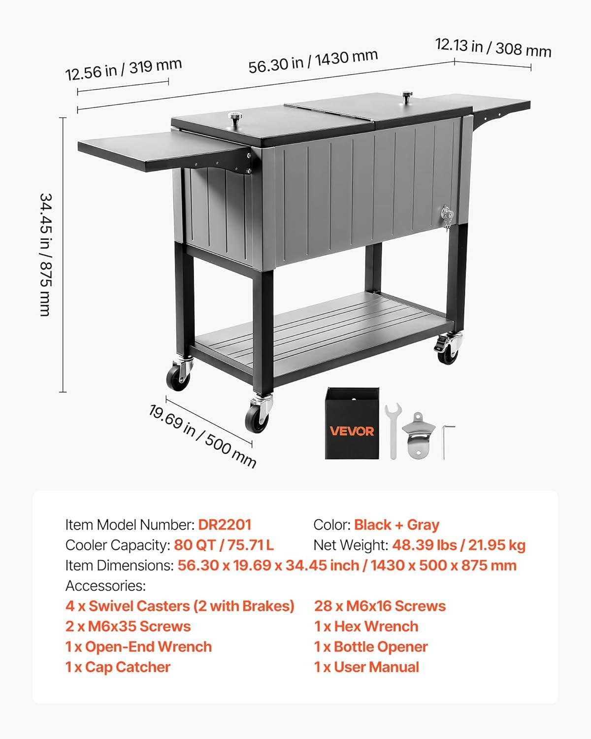 image:imageVEVOR 80QT Rolling Ice Chest Holds up to 50 Bottles 110 Cans Portable Patio Party Bar Drink Cooler Cart with Bottom Shelf amp Foldable Side Shelves Beverage Pool with Swivel Wheels amp Bottle Opener