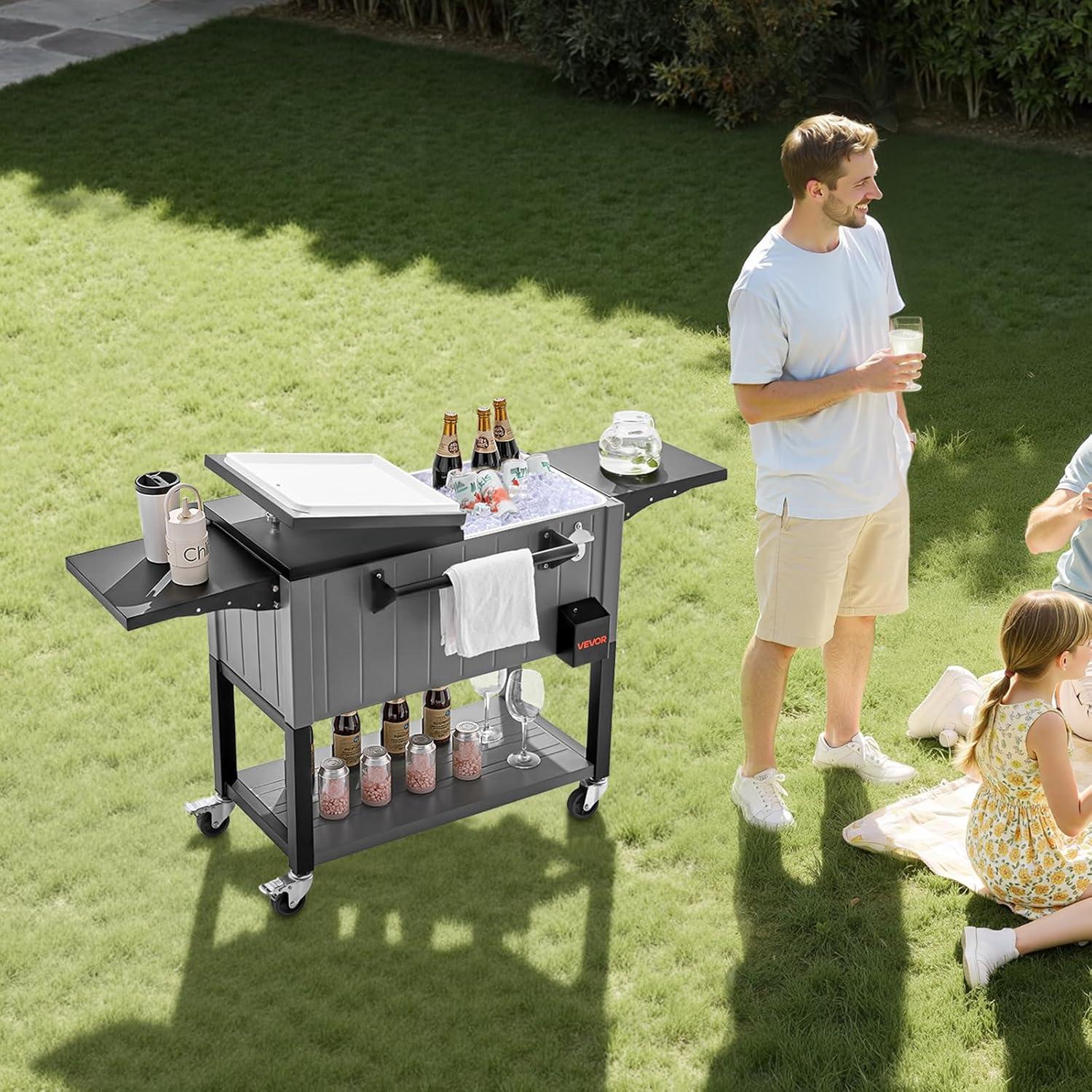 image:imageVEVOR 80QT Rolling Ice Chest Holds up to 50 Bottles 110 Cans Portable Patio Party Bar Drink Cooler Cart with Bottom Shelf amp Foldable Side Shelves Beverage Pool with Swivel Wheels amp Bottle Opener