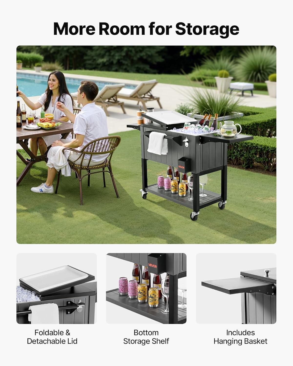 image:imageVEVOR 80QT Rolling Ice Chest Holds up to 50 Bottles 110 Cans Portable Patio Party Bar Drink Cooler Cart with Bottom Shelf amp Foldable Side Shelves Beverage Pool with Swivel Wheels amp Bottle Opener