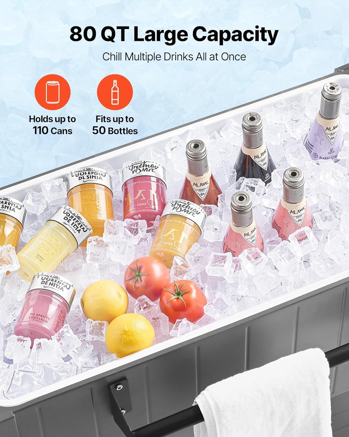 image:imageVEVOR 80QT Rolling Ice Chest Holds up to 50 Bottles 110 Cans Portable Patio Party Bar Drink Cooler Cart with Bottom Shelf amp Foldable Side Shelves Beverage Pool with Swivel Wheels amp Bottle Opener