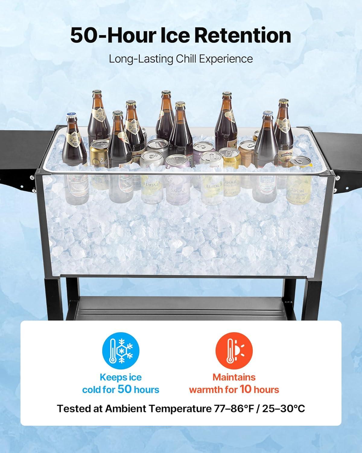 image:imageVEVOR 80QT Rolling Ice Chest Holds up to 50 Bottles 110 Cans Portable Patio Party Bar Drink Cooler Cart with Bottom Shelf amp Foldable Side Shelves Beverage Pool with Swivel Wheels amp Bottle Opener