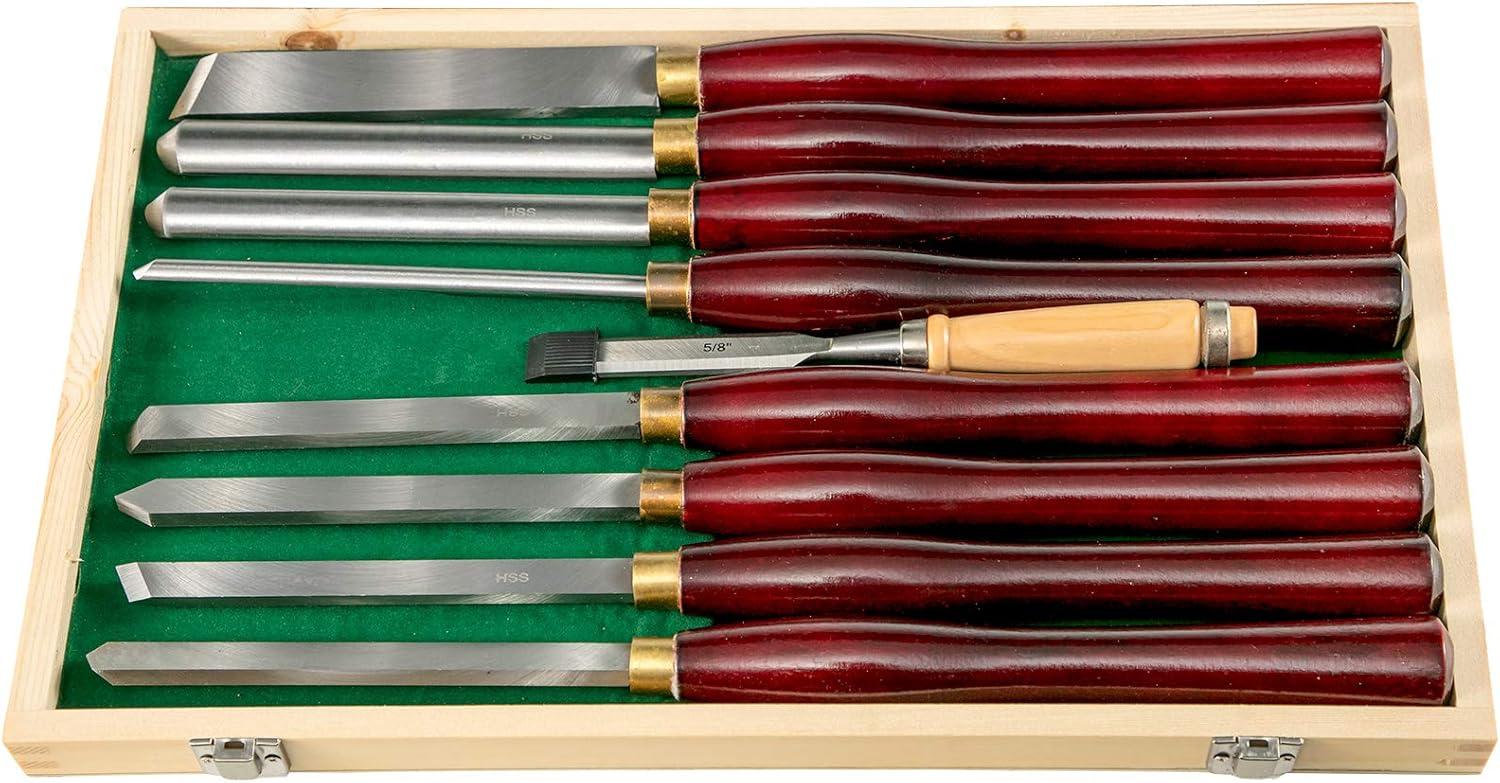 image:imageVEVOR 8Piece Wood Lathe Chisel Kit HSS Steel Blades Woodworking Turning Tools with Wooden Storage Case Ideal for Wood Root and Furniture Carving Red