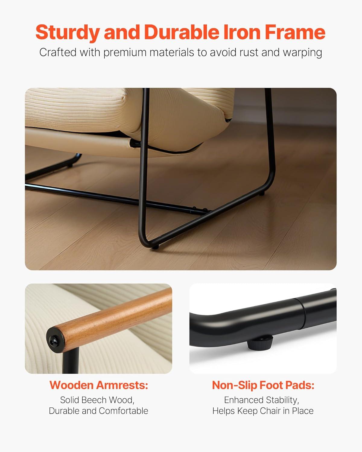 image:imageVEVOR Accent Chair Metal Framed Chair with Wooden Armrests Modern Cozy Upholstered Armchair with Soft Foam Cushioning Detachable Cushion for Living Room Bedroom Reading Room Office BeigeBeige