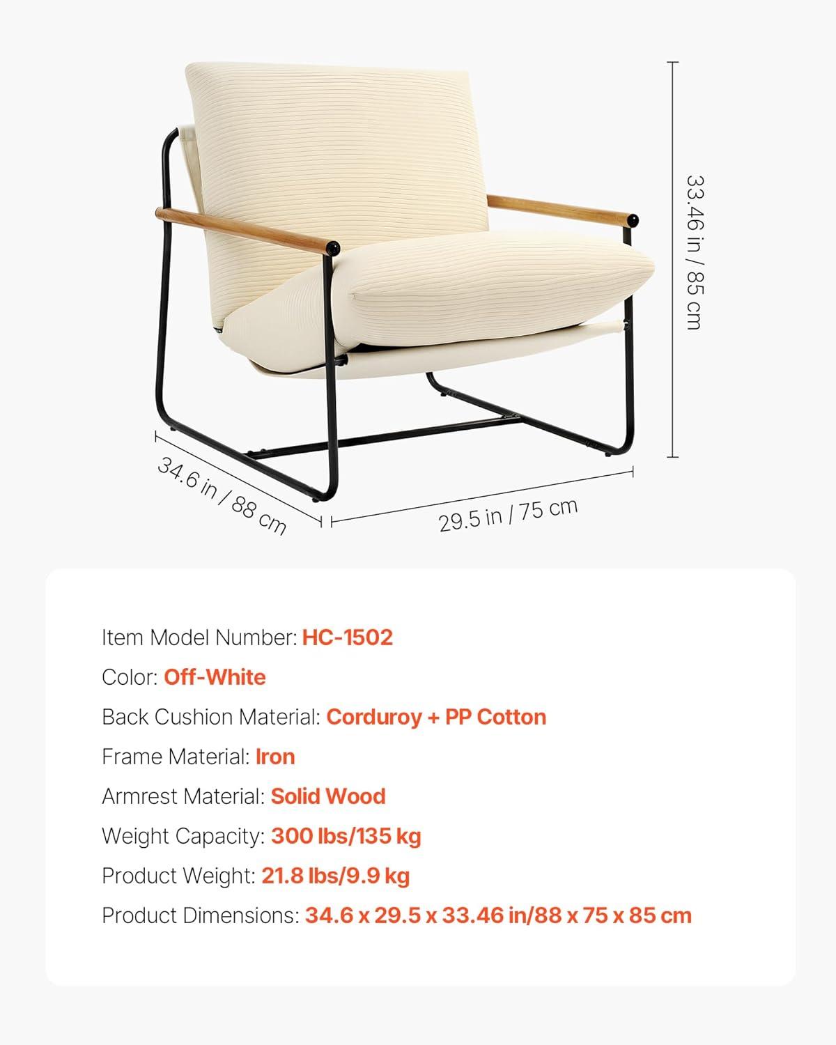 image:imageVEVOR Accent Chair Metal Framed Chair with Wooden Armrests Modern Cozy Upholstered Armchair with Soft Foam Cushioning Detachable Cushion for Living Room Bedroom Reading Room Office BeigeBeige