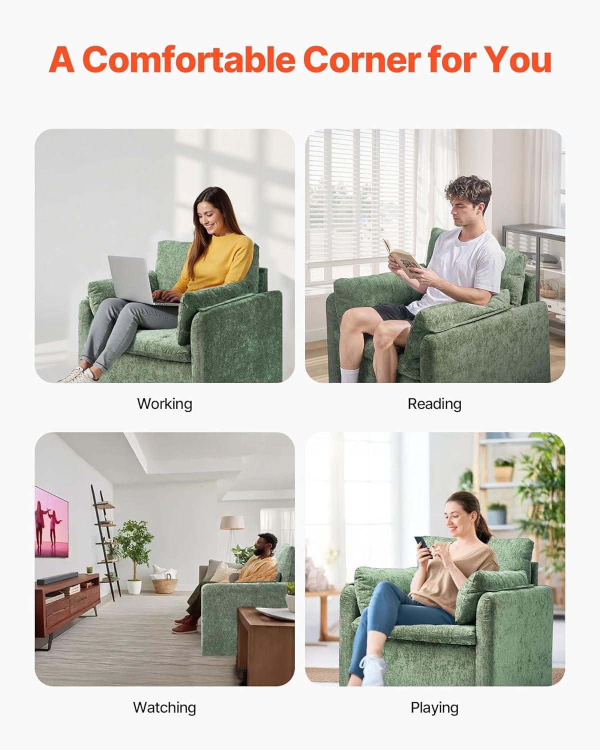 image:imageVEVOR Accent Chair Metal Framed Chair with Wooden Armrests Modern Cozy Upholstered Armchair with Soft Foam Cushioning Detachable Cushion for Living Room Bedroom Reading Room Office BeigeGreen