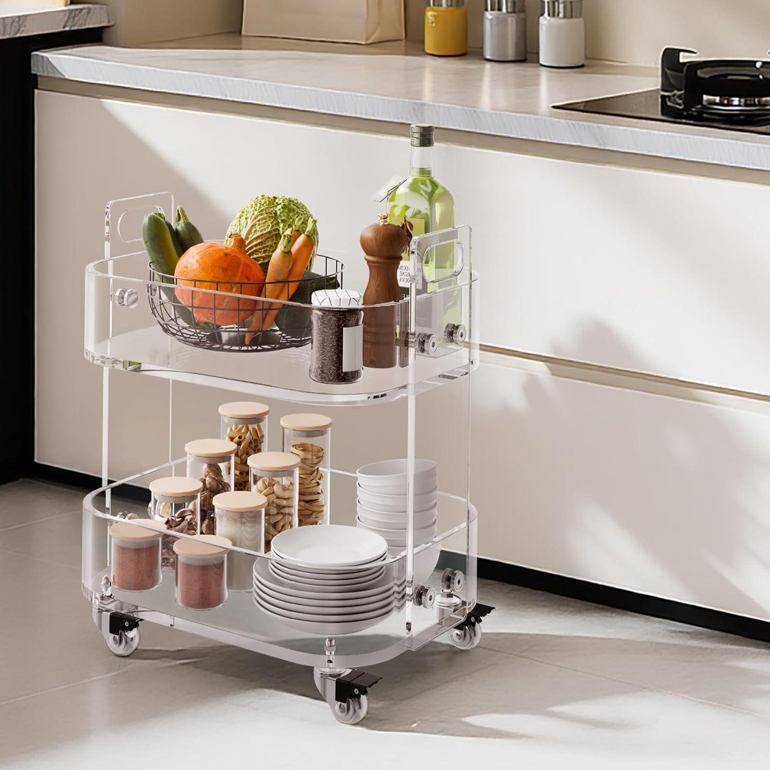 image:imageVEVOR Acrylic Bar Cart with 4 Lockable Wheels Clear Mobile Utility Rolling Cart Multifunction Serving Cart for Home Bar Kitchen Bathroom Living Room with Pulling Handle 2Tier ModernClear