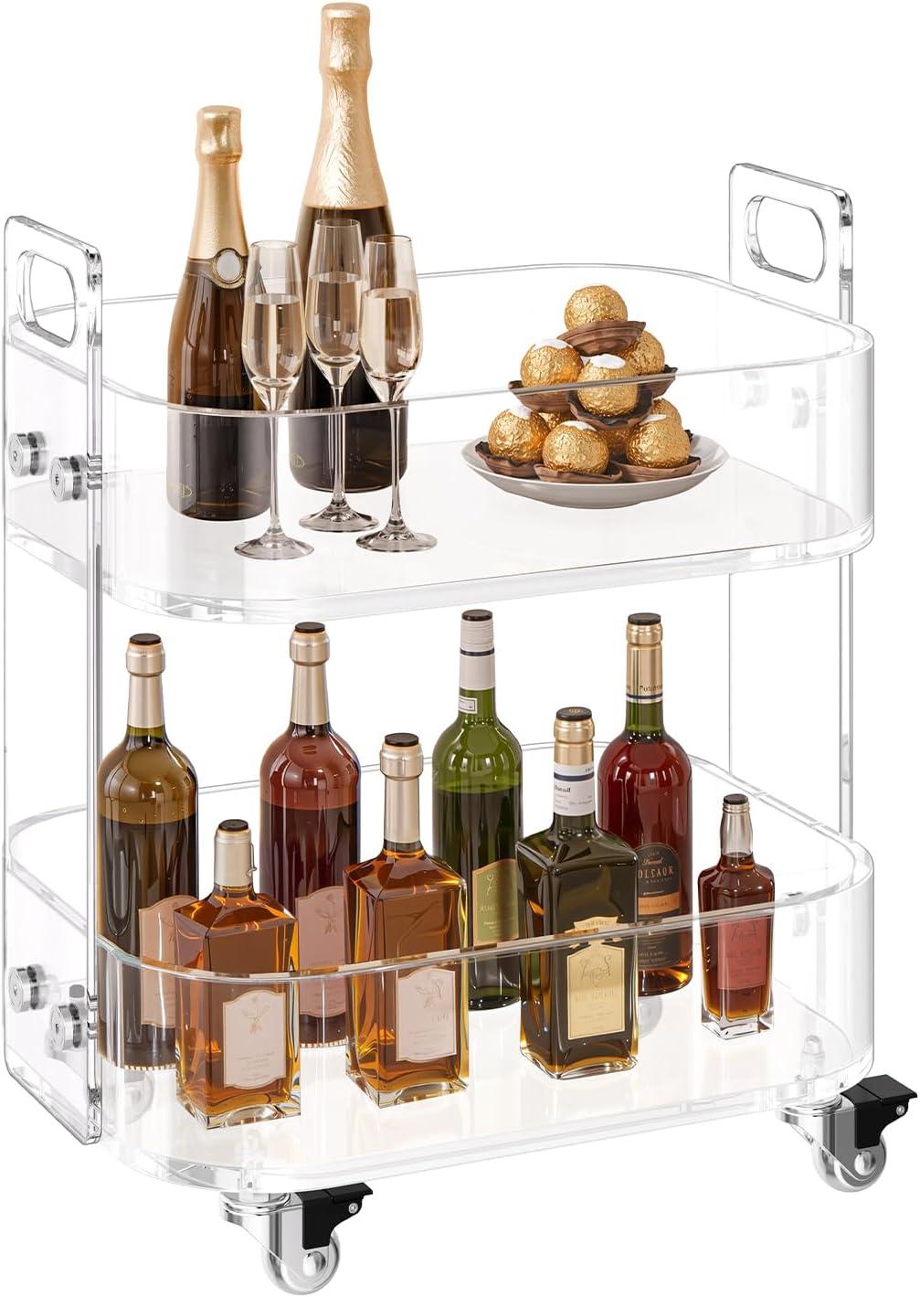 image:imageVEVOR Acrylic Bar Cart with 4 Lockable Wheels Clear Mobile Utility Rolling Cart Multifunction Serving Cart for Home Bar Kitchen Bathroom Living Room with Pulling Handle 2Tier ModernClear