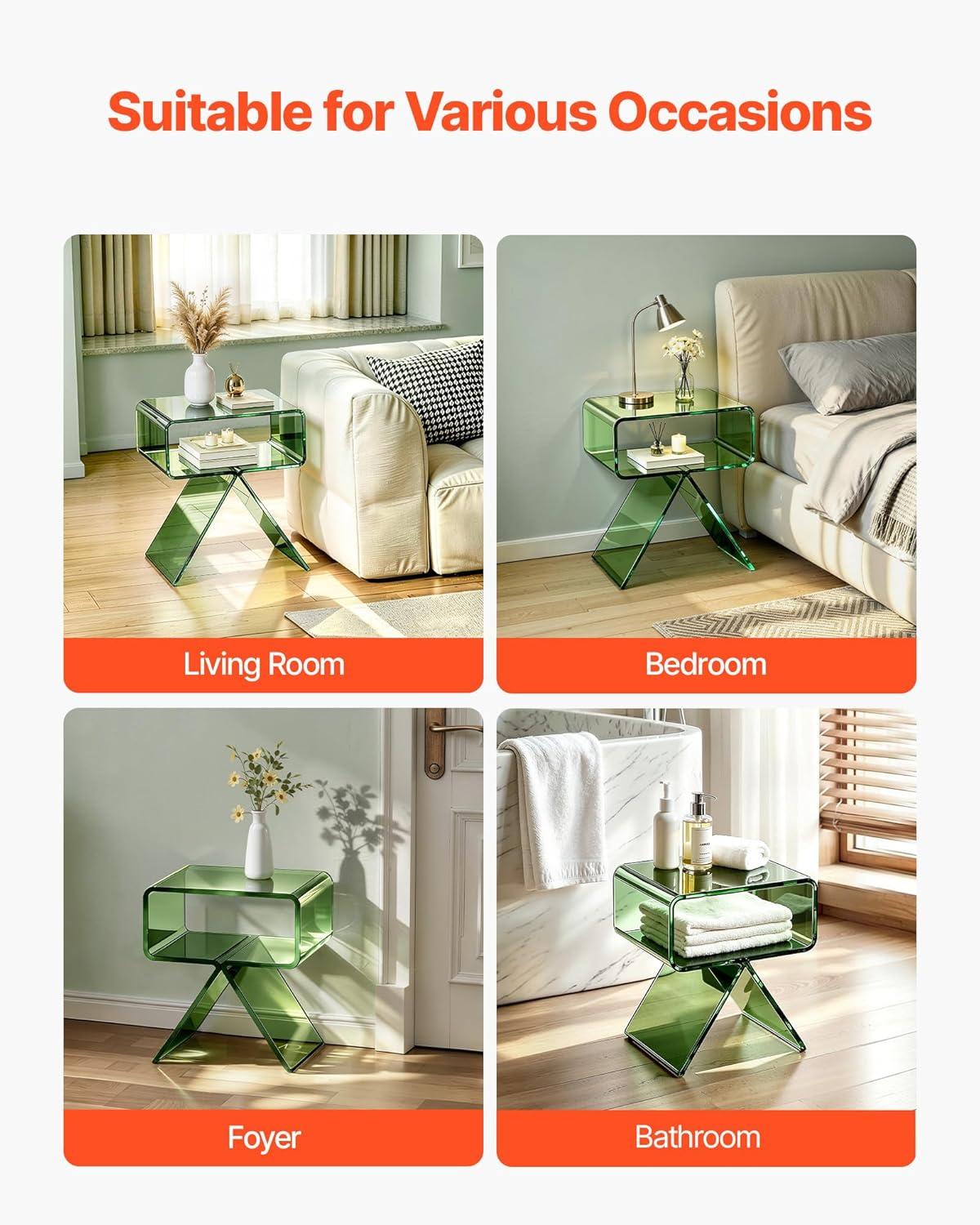 image:imageVEVOR Acrylic Bar Cart with 4 Lockable Wheels Clear Mobile Utility Rolling Cart Multifunction Serving Cart for Home Bar Kitchen Bathroom Living Room with Pulling Handle 2Tier ModernGreen