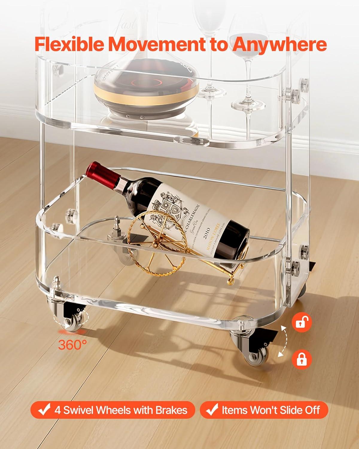 image:imageVEVOR Acrylic Bar Cart with 4 Lockable Wheels Clear Mobile Utility Rolling Cart Multifunction Serving Cart for Home Bar Kitchen Bathroom Living Room with Pulling Handle 2Tier ModernClear