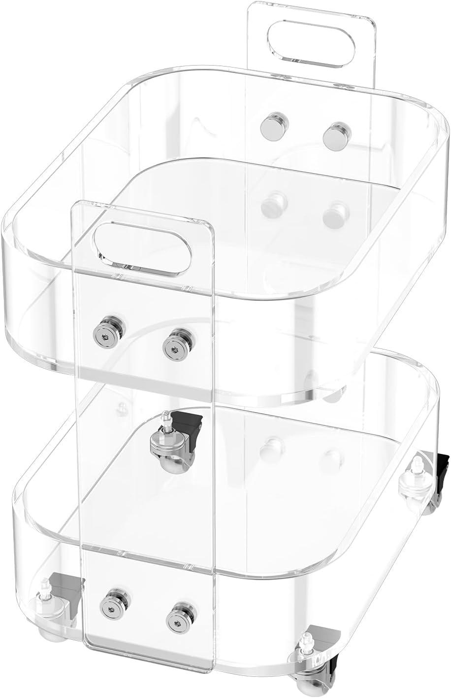 image:imageVEVOR Acrylic Bar Cart with 4 Lockable Wheels Clear Mobile Utility Rolling Cart Multifunction Serving Cart for Home Bar Kitchen Bathroom Living Room with Pulling Handle 2Tier ModernClear