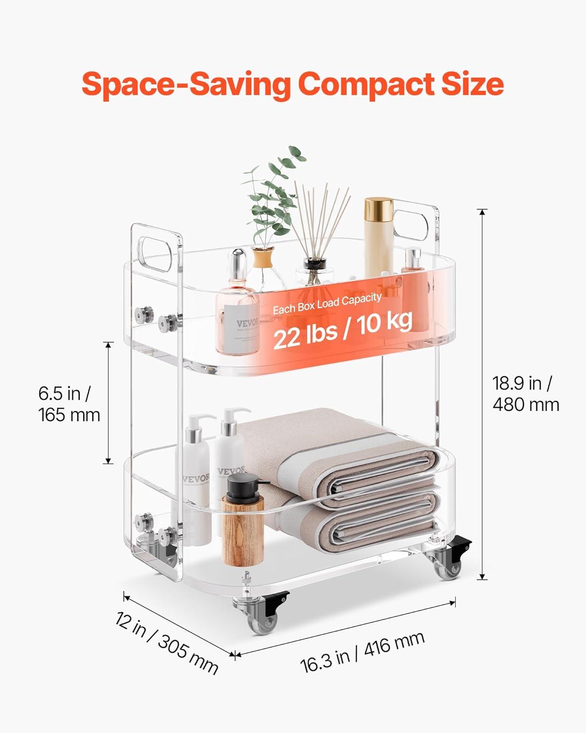image:imageVEVOR Acrylic Bar Cart with 4 Lockable Wheels Clear Mobile Utility Rolling Cart Multifunction Serving Cart for Home Bar Kitchen Bathroom Living Room with Pulling Handle 2Tier ModernClear