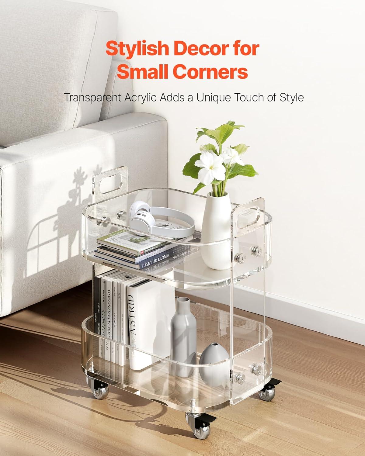 image:imageVEVOR Acrylic Bar Cart with 4 Lockable Wheels Clear Mobile Utility Rolling Cart Multifunction Serving Cart for Home Bar Kitchen Bathroom Living Room with Pulling Handle 2Tier ModernClear