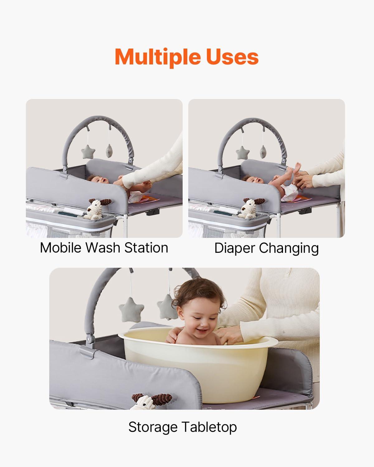 image:imageVEVOR Baby Changing Table Foldable Diaper Change Station with 2 Fabric Drawers Side Basket and Hanging Rod Adjustable Height Changing Table with Lockable Wheels and 2 Star Toys Light Graylight gray