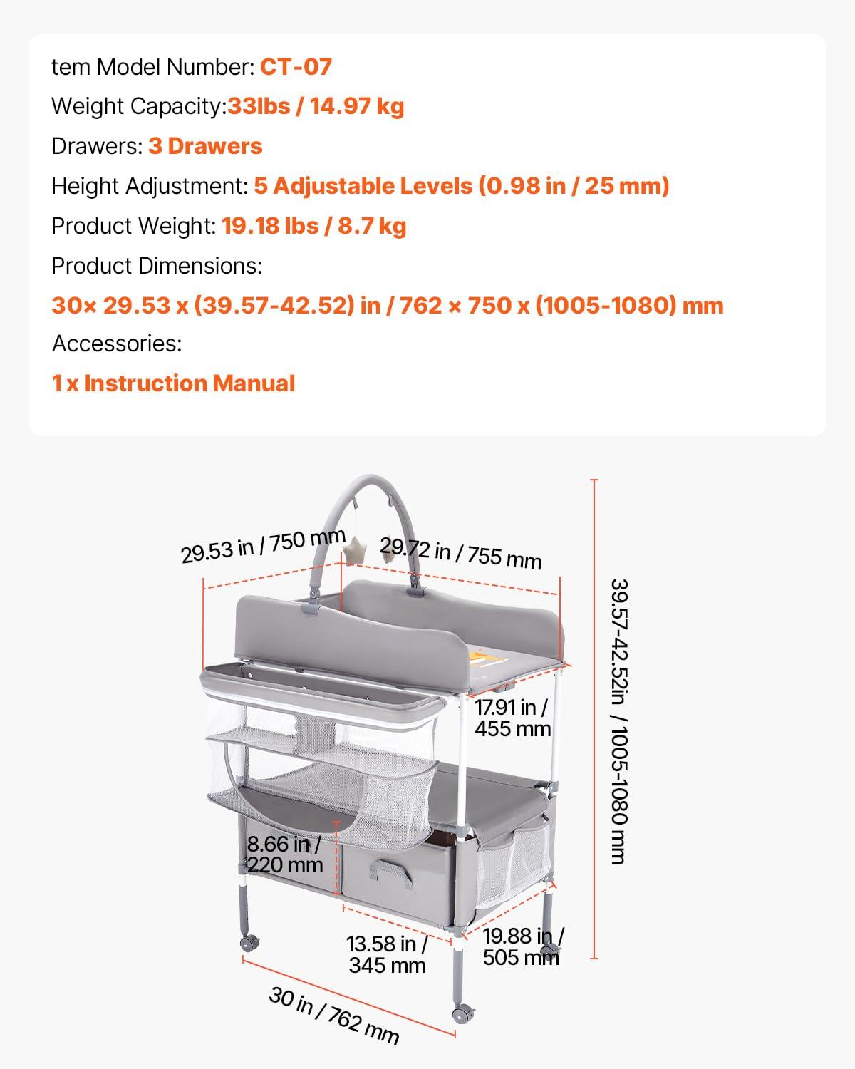image:imageVEVOR Baby Changing Table Foldable Diaper Change Station with 2 Fabric Drawers Side Basket and Hanging Rod Adjustable Height Changing Table with Lockable Wheels and 2 Star Toys Light Graylight gray