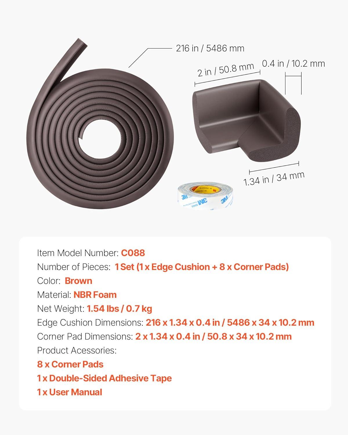 image:imageVEVOR Baby Proofing Edge Corner Protector 18 ft Edge Cushion 8 Corner Pads Soft NBR Foam 3M Adhesive Child Proof Table Safety Bumper Guards Easy Installation for Furniture Fireplace Protection