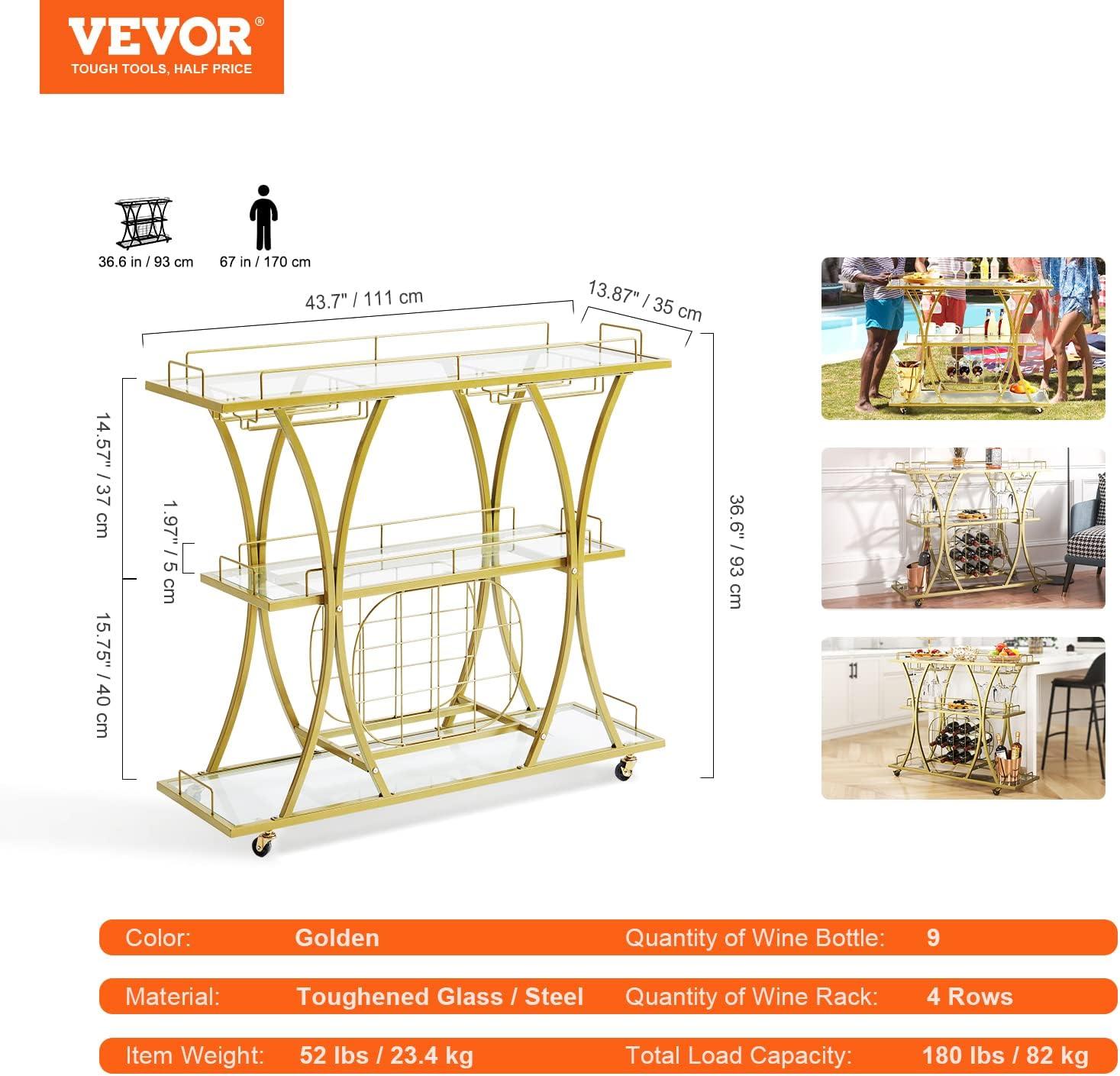 image:imageVEVOR Bar Cart Home Serving Cart 3 Tiers 300 LBS Industrial Rolling Beverage Station on Lockable Wheels Mobile Alcohol Drink Cart with Removable Tray Wine Rack Glass Holder for Kitchen Dining RoomGold