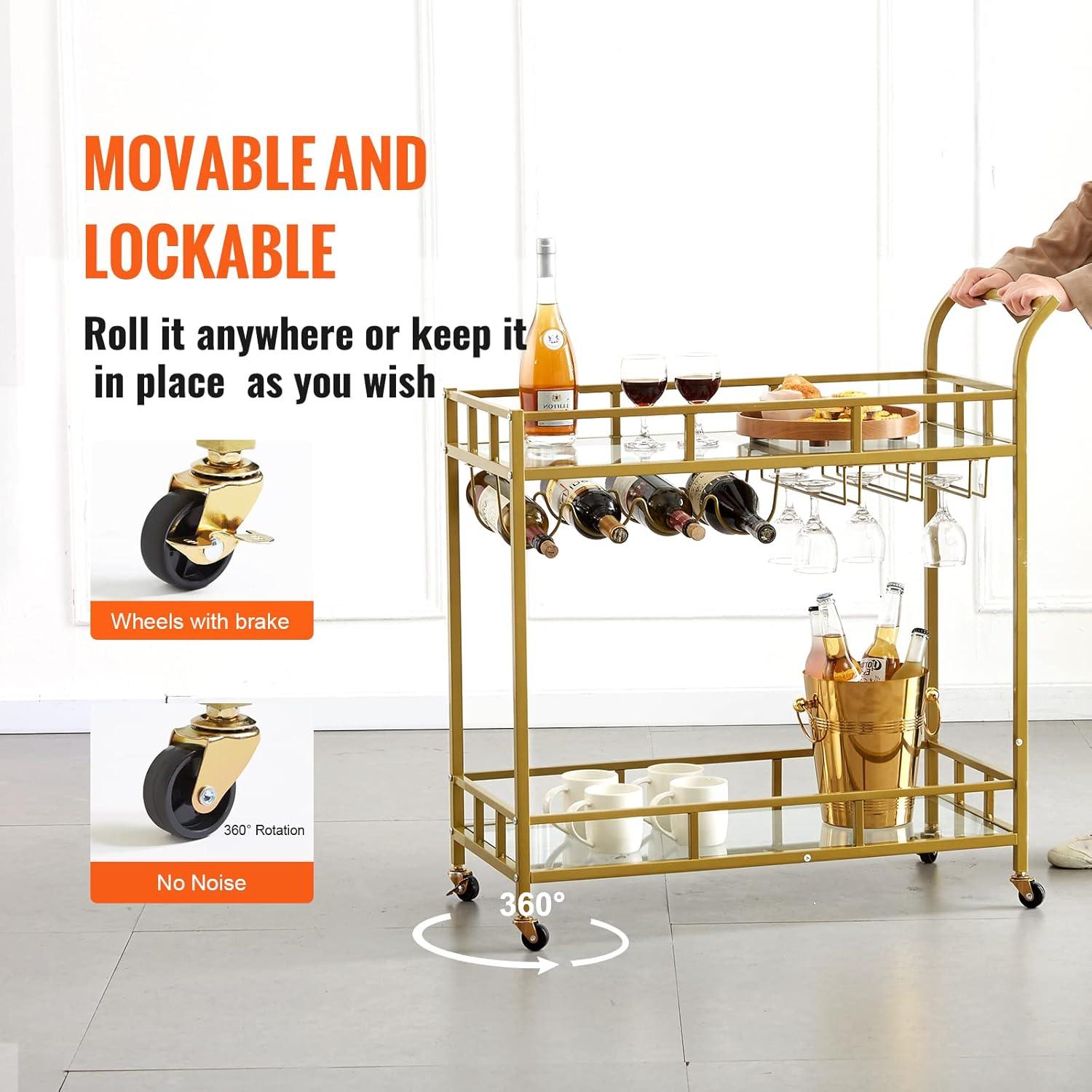 image:imageVEVOR Bar Cart Home Serving Cart 3 Tiers 300 LBS Industrial Rolling Beverage Station on Lockable Wheels Mobile Alcohol Drink Cart with Removable Tray Wine Rack Glass Holder for Kitchen Dining RoomGold