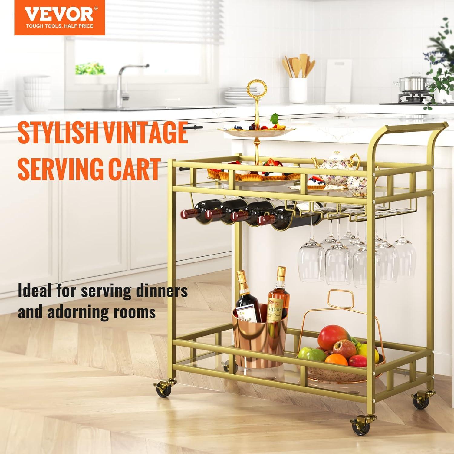 image:imageVEVOR Bar Cart Home Serving Cart 3 Tiers 300 LBS Industrial Rolling Beverage Station on Lockable Wheels Mobile Alcohol Drink Cart with Removable Tray Wine Rack Glass Holder for Kitchen Dining RoomGold