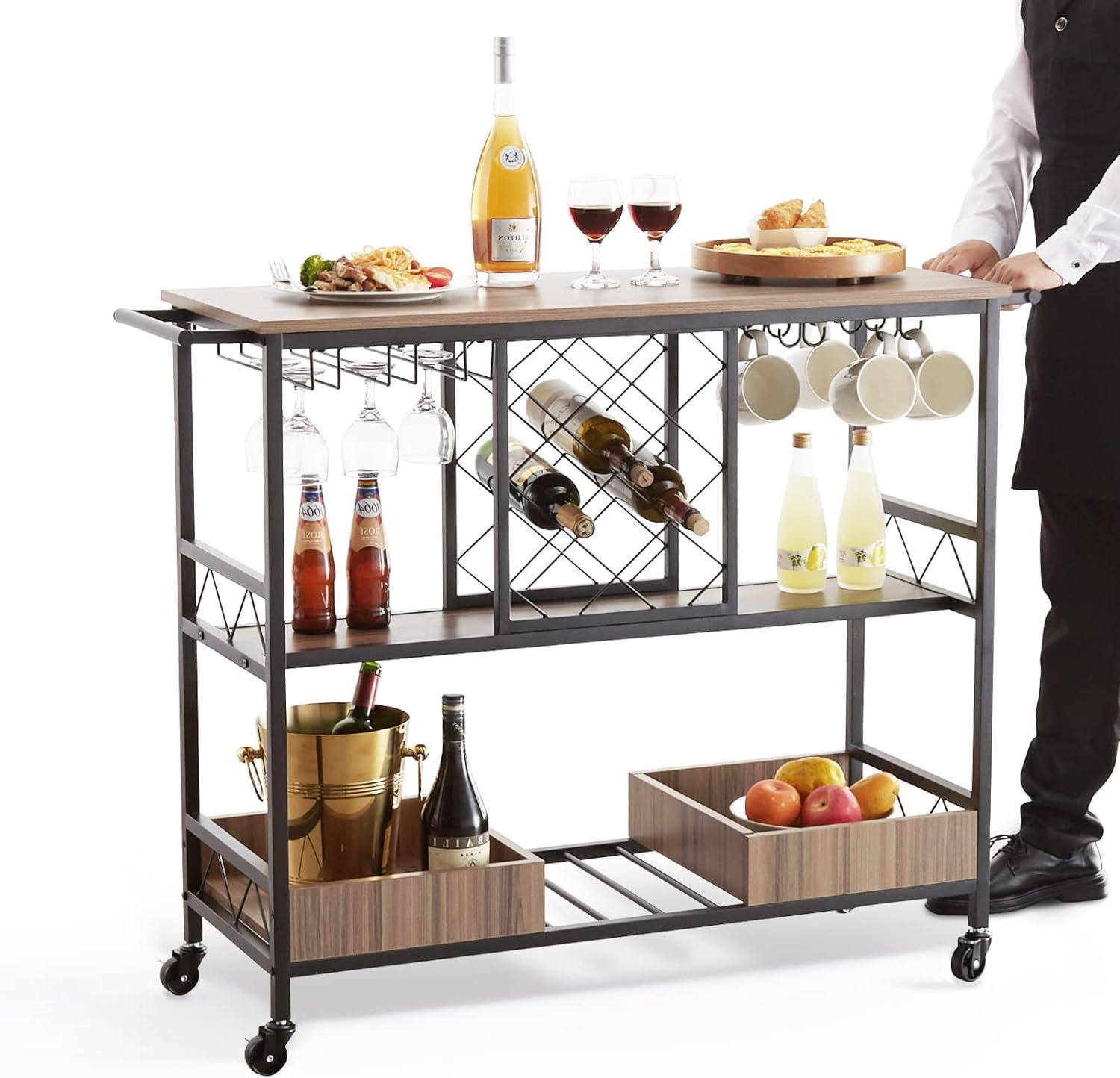 image:imageVEVOR Bar Cart Home Serving Cart 3 Tiers 300 LBS Industrial Rolling Beverage Station on Lockable Wheels Mobile Alcohol Drink Cart with Removable Tray Wine Rack Glass Holder for Kitchen Dining RoomBlack