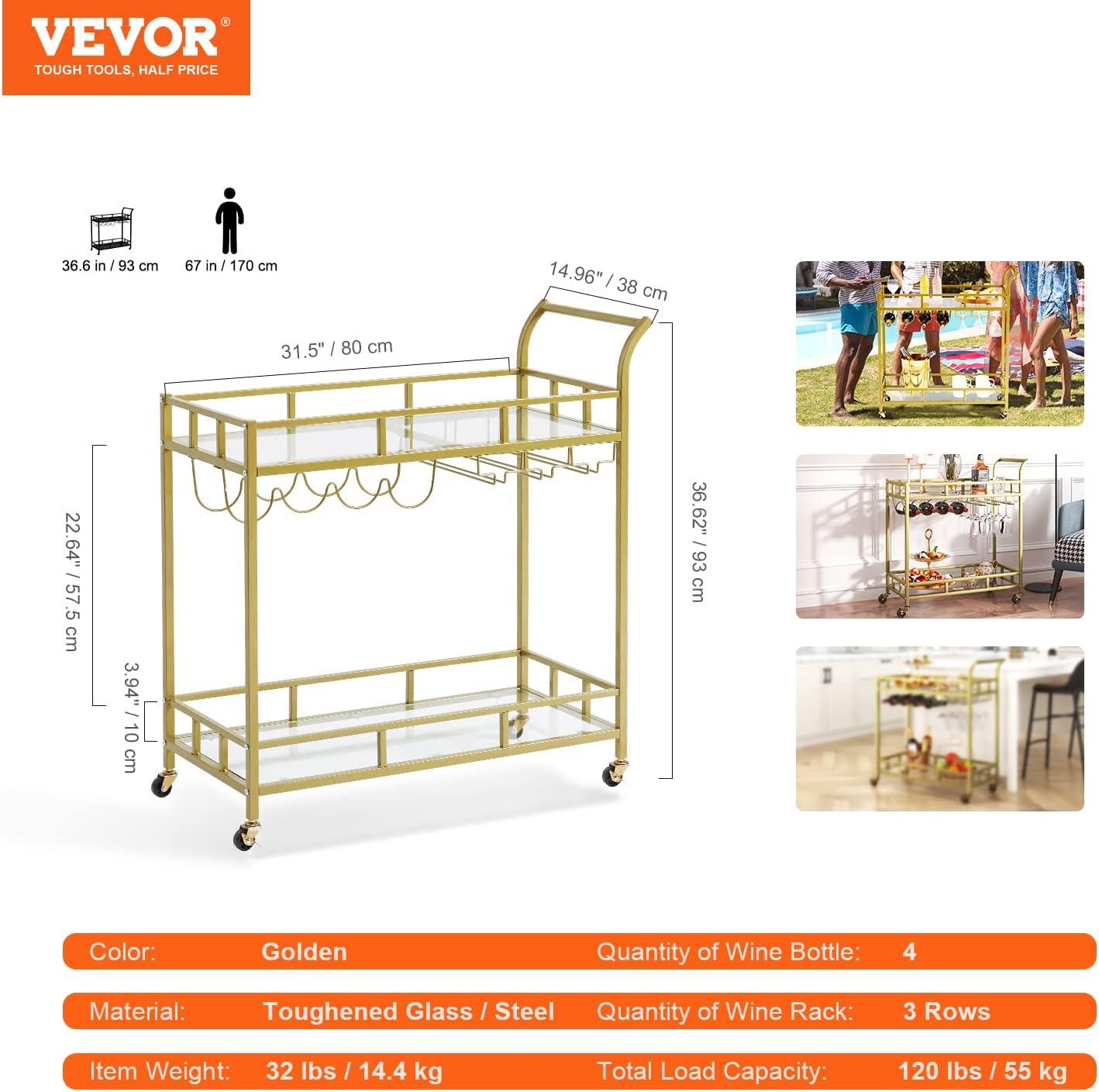 image:imageVEVOR Bar Cart Home Serving Cart 3 Tiers 300 LBS Industrial Rolling Beverage Station on Lockable Wheels Mobile Alcohol Drink Cart with Removable Tray Wine Rack Glass Holder for Kitchen Dining RoomGold