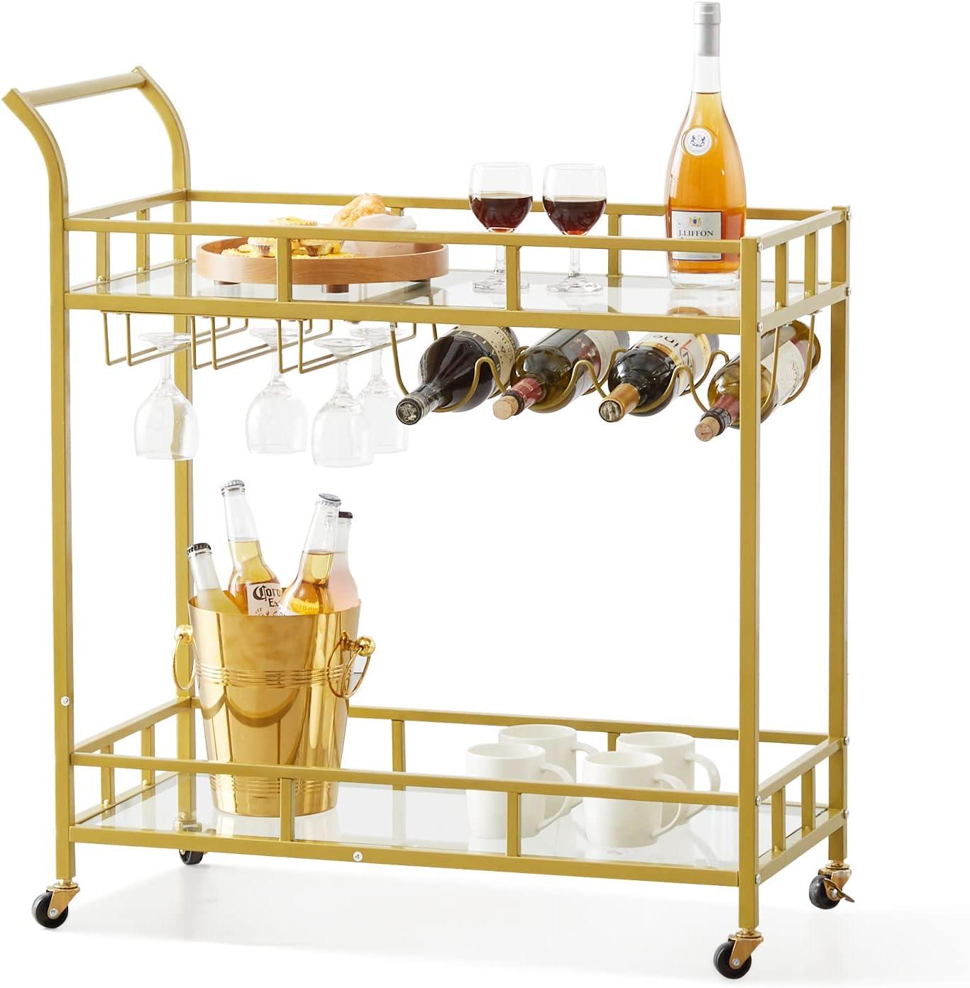 image:imageVEVOR Bar Cart Home Serving Cart 3 Tiers 300 LBS Industrial Rolling Beverage Station on Lockable Wheels Mobile Alcohol Drink Cart with Removable Tray Wine Rack Glass Holder for Kitchen Dining RoomGold