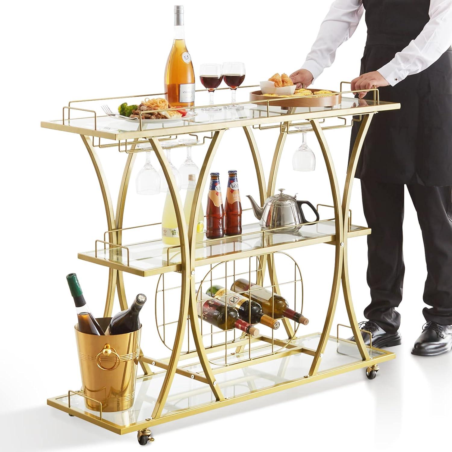 image:imageVEVOR Bar Cart Home Serving Cart 3 Tiers 300 LBS Industrial Rolling Beverage Station on Lockable Wheels Mobile Alcohol Drink Cart with Removable Tray Wine Rack Glass Holder for Kitchen Dining RoomGold