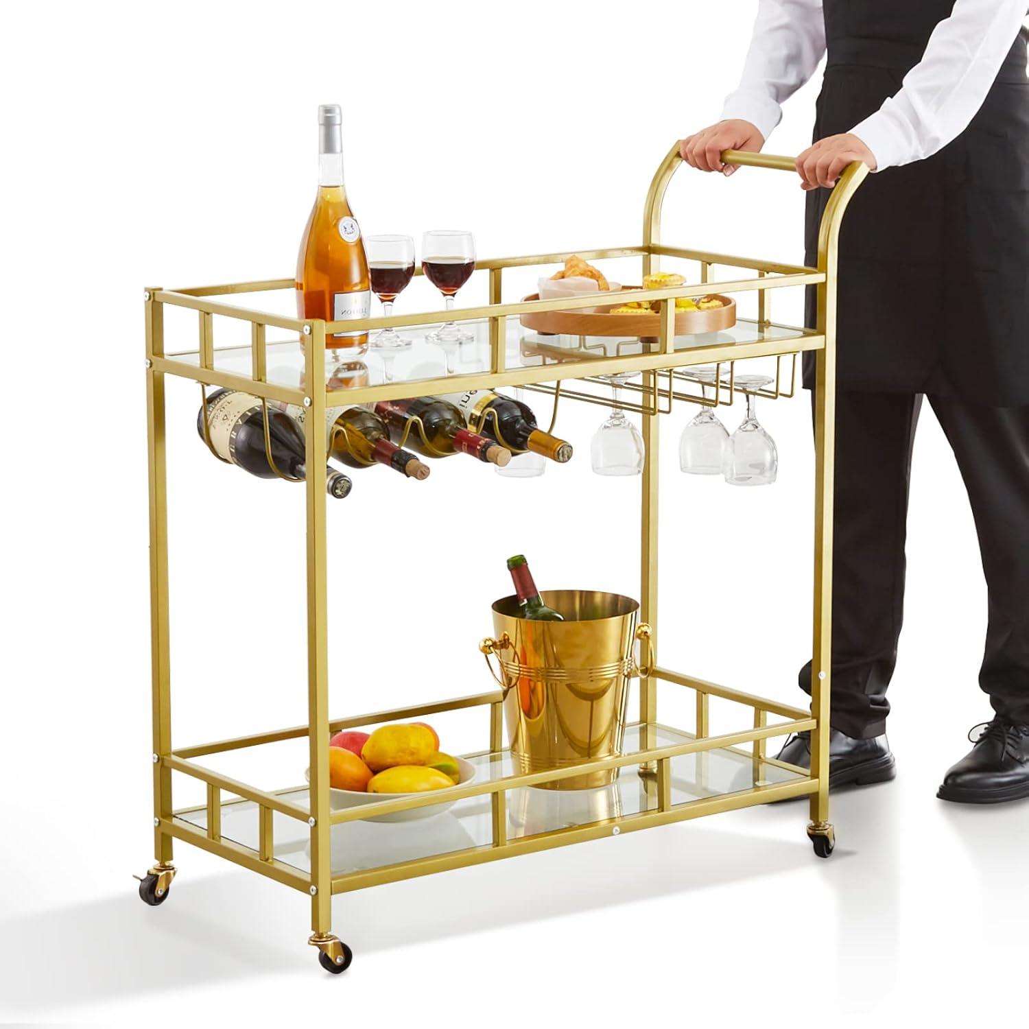 image:imageVEVOR Bar Cart Home Serving Cart 3 Tiers 300 LBS Industrial Rolling Beverage Station on Lockable Wheels Mobile Alcohol Drink Cart with Removable Tray Wine Rack Glass Holder for Kitchen Dining RoomGold
