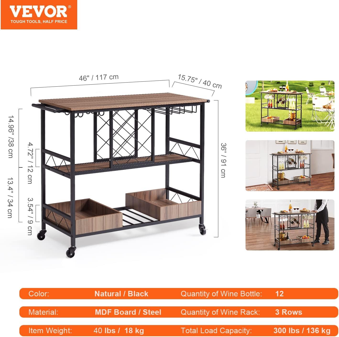 image:imageVEVOR Bar Cart Home Serving Cart 3 Tiers 300 LBS Industrial Rolling Beverage Station on Lockable Wheels Mobile Alcohol Drink Cart with Removable Tray Wine Rack Glass Holder for Kitchen Dining RoomBlack