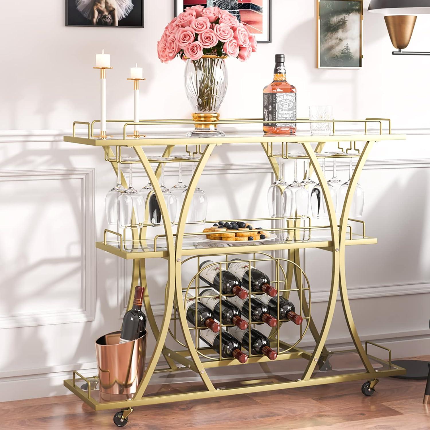 image:imageVEVOR Bar Cart Home Serving Cart 3 Tiers 300 LBS Industrial Rolling Beverage Station on Lockable Wheels Mobile Alcohol Drink Cart with Removable Tray Wine Rack Glass Holder for Kitchen Dining RoomGold