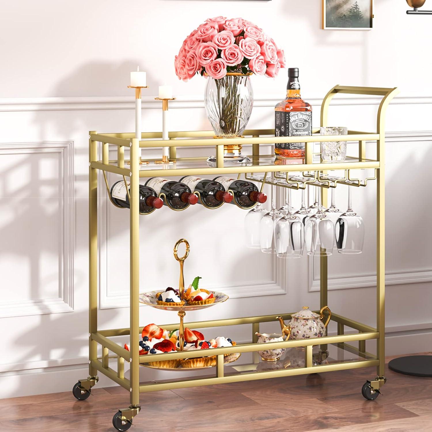 image:imageVEVOR Bar Cart Home Serving Cart 3 Tiers 300 LBS Industrial Rolling Beverage Station on Lockable Wheels Mobile Alcohol Drink Cart with Removable Tray Wine Rack Glass Holder for Kitchen Dining RoomGold