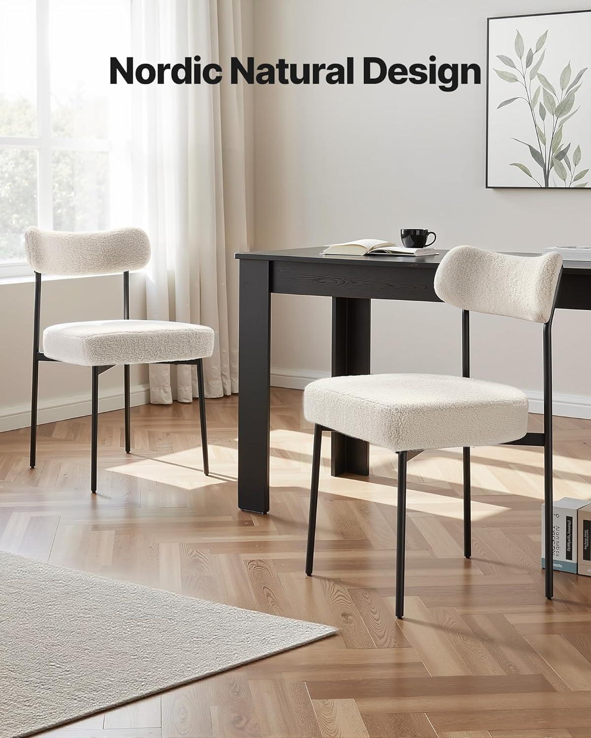 image:imageVEVOR Boucle Dining Chairs Set of 2 Mid Century Modern Sherpa Accent Chairs Upholstered Side Chair for Dining Room SpaceSaving White Kitchen Chair with Curved Backrest and Black Metal LegsSet of 6