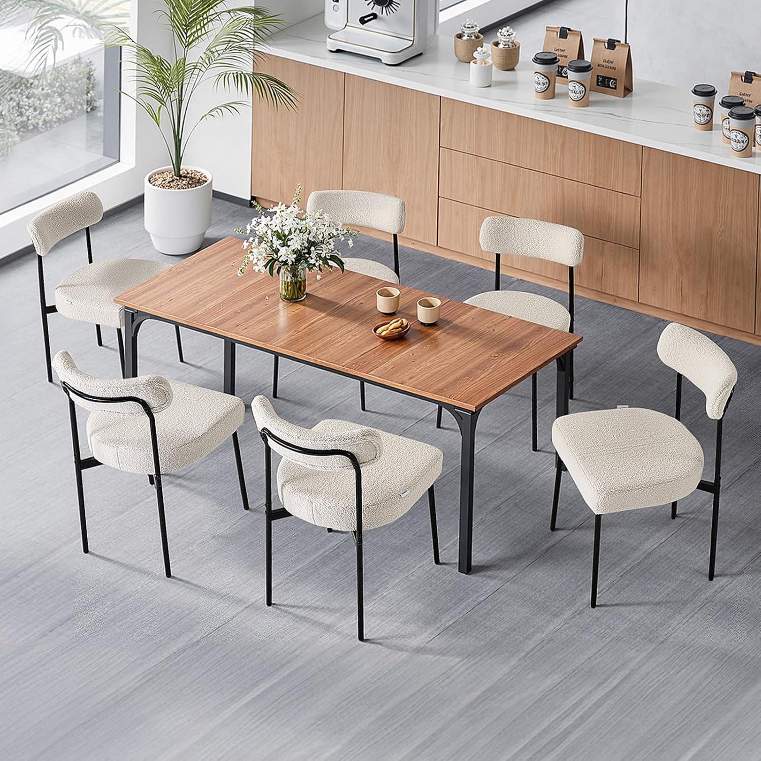 image:imageVEVOR Boucle Dining Chairs Set of 2 Mid Century Modern Sherpa Accent Chairs Upholstered Side Chair for Dining Room SpaceSaving White Kitchen Chair with Curved Backrest and Black Metal LegsSet of 6