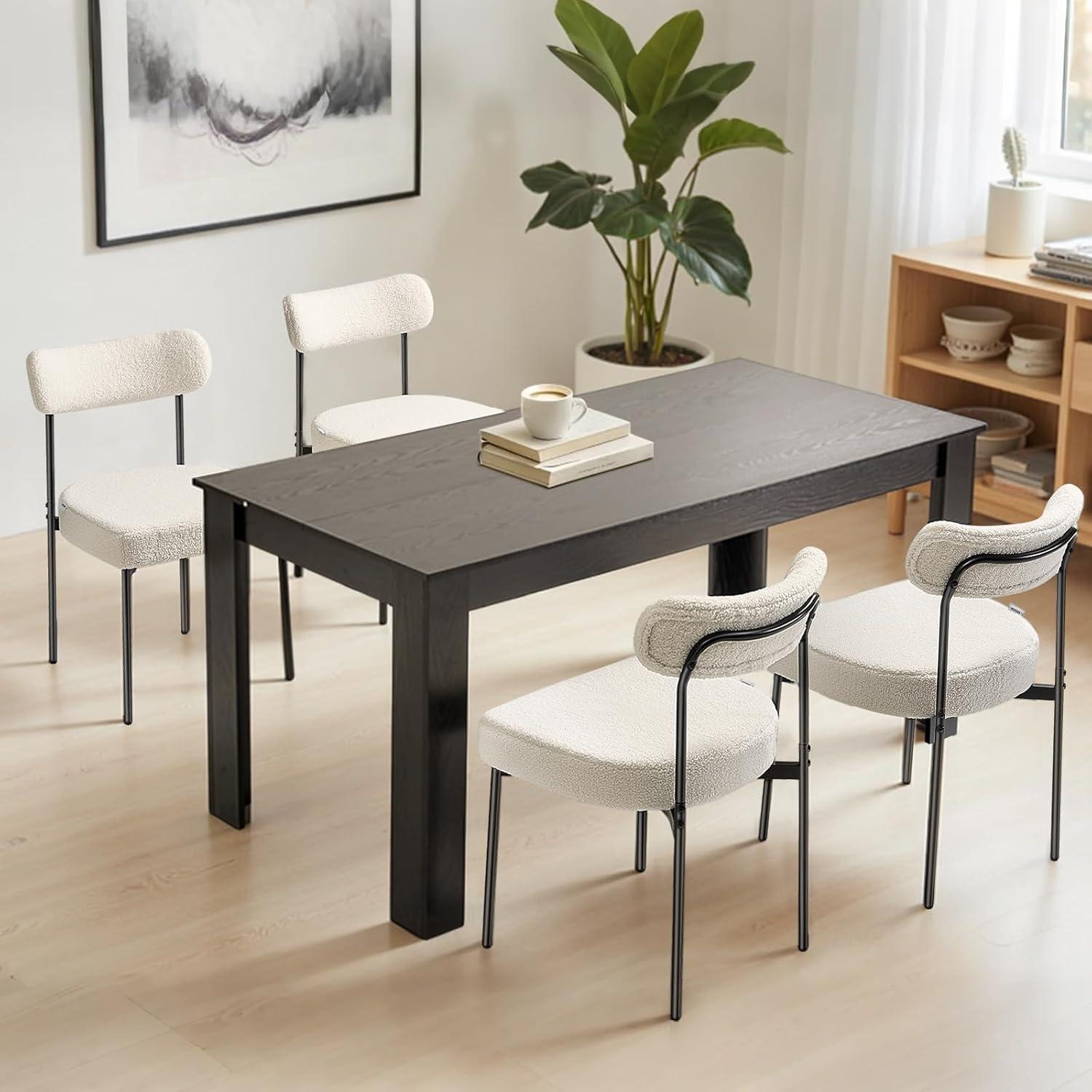 image:imageVEVOR Boucle Dining Chairs Set of 2 Mid Century Modern Sherpa Accent Chairs Upholstered Side Chair for Dining Room SpaceSaving White Kitchen Chair with Curved Backrest and Black Metal LegsSet of 4