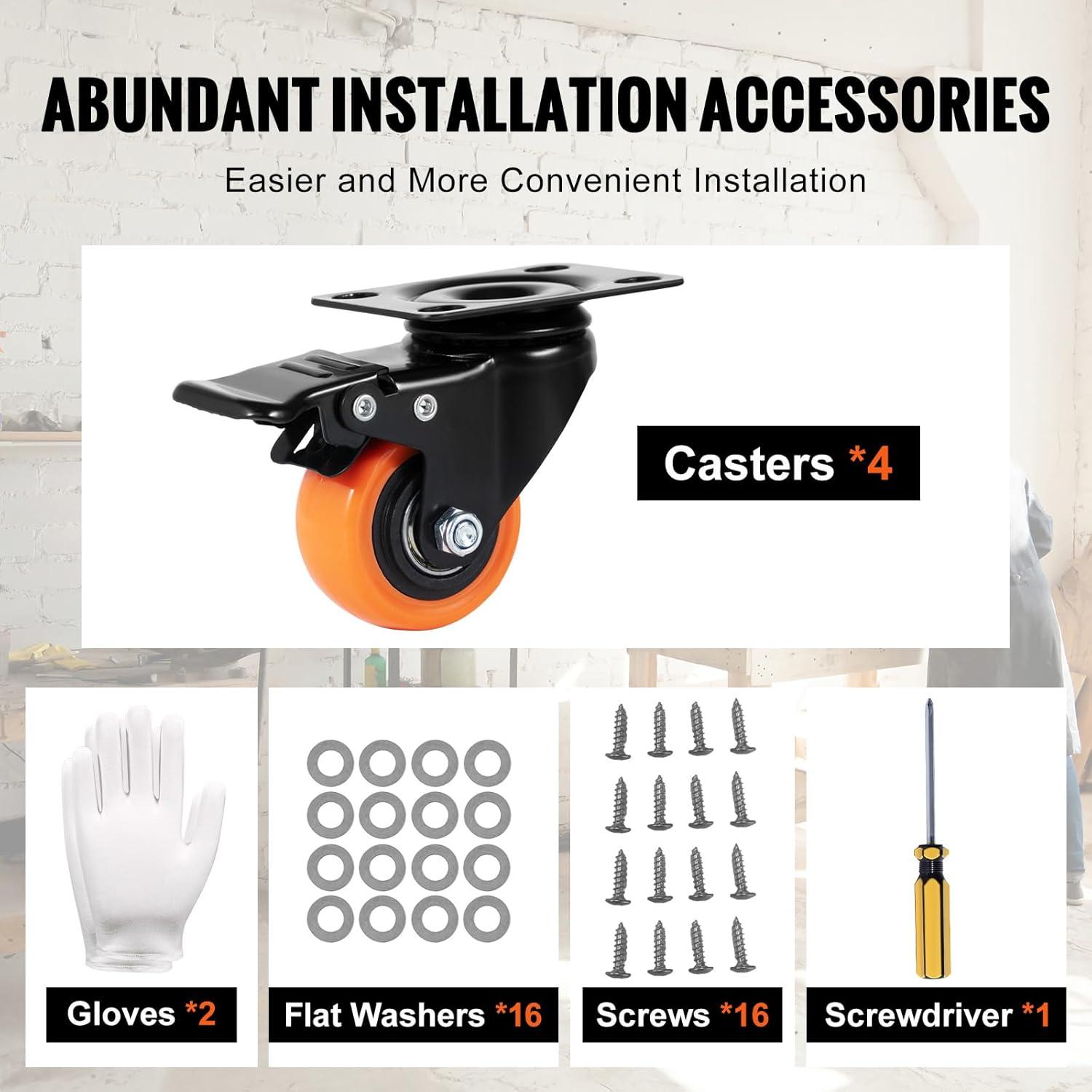 image:imageVEVOR Caster Wheels 2inch Swivel Plate Casters Set of 4 with Security Dual Locking No Noise PVC Wheels for Cart Furniture Workbench Heavy Duty 150 lbs Load Capacity Per Caster2inch