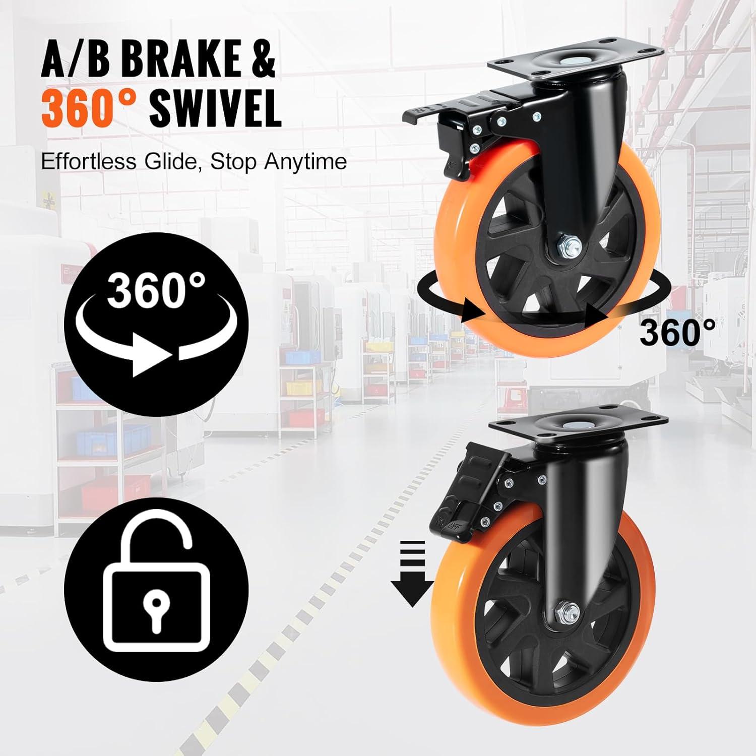 image:imageVEVOR Caster Wheels 2inch Swivel Plate Casters Set of 4 with Security Dual Locking No Noise PVC Wheels for Cart Furniture Workbench Heavy Duty 150 lbs Load Capacity Per Caster6inch