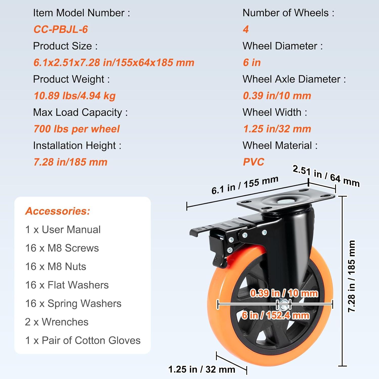 image:imageVEVOR Caster Wheels 2inch Swivel Plate Casters Set of 4 with Security Dual Locking No Noise PVC Wheels for Cart Furniture Workbench Heavy Duty 150 lbs Load Capacity Per Caster6inch
