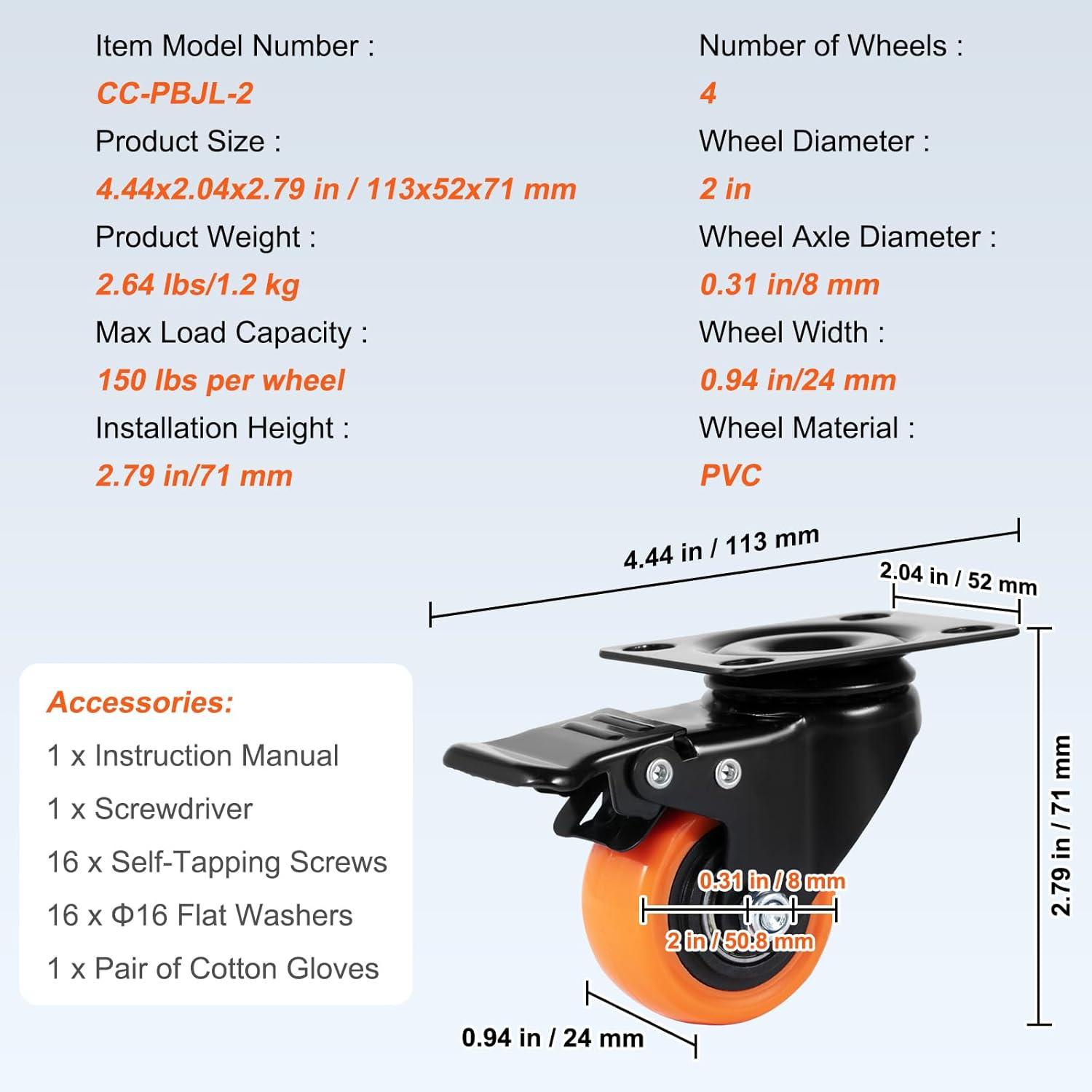 image:imageVEVOR Caster Wheels 2inch Swivel Plate Casters Set of 4 with Security Dual Locking No Noise PVC Wheels for Cart Furniture Workbench Heavy Duty 150 lbs Load Capacity Per Caster2inch