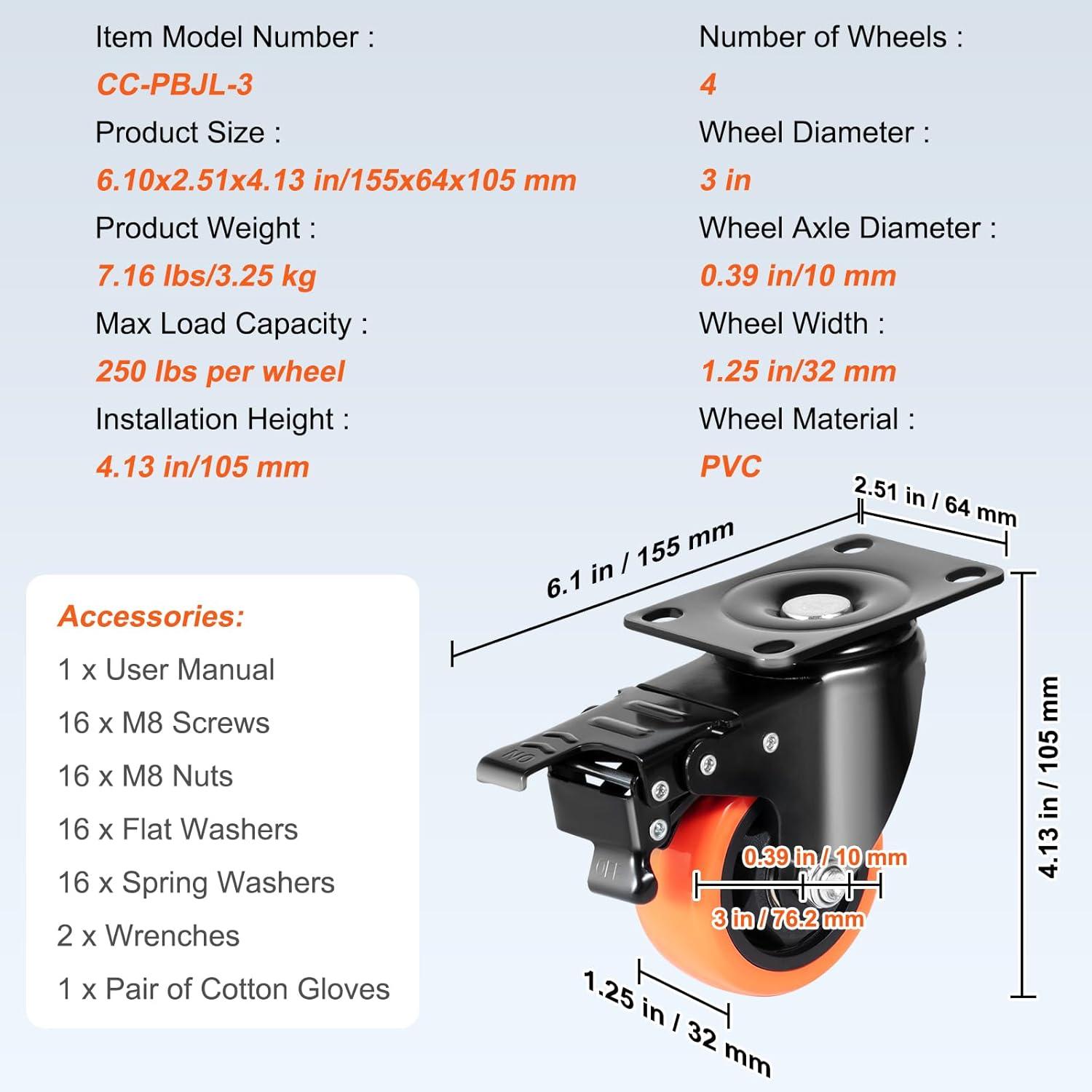 image:imageVEVOR Caster Wheels 2inch Swivel Plate Casters Set of 4 with Security Dual Locking No Noise PVC Wheels for Cart Furniture Workbench Heavy Duty 150 lbs Load Capacity Per Caster3inch