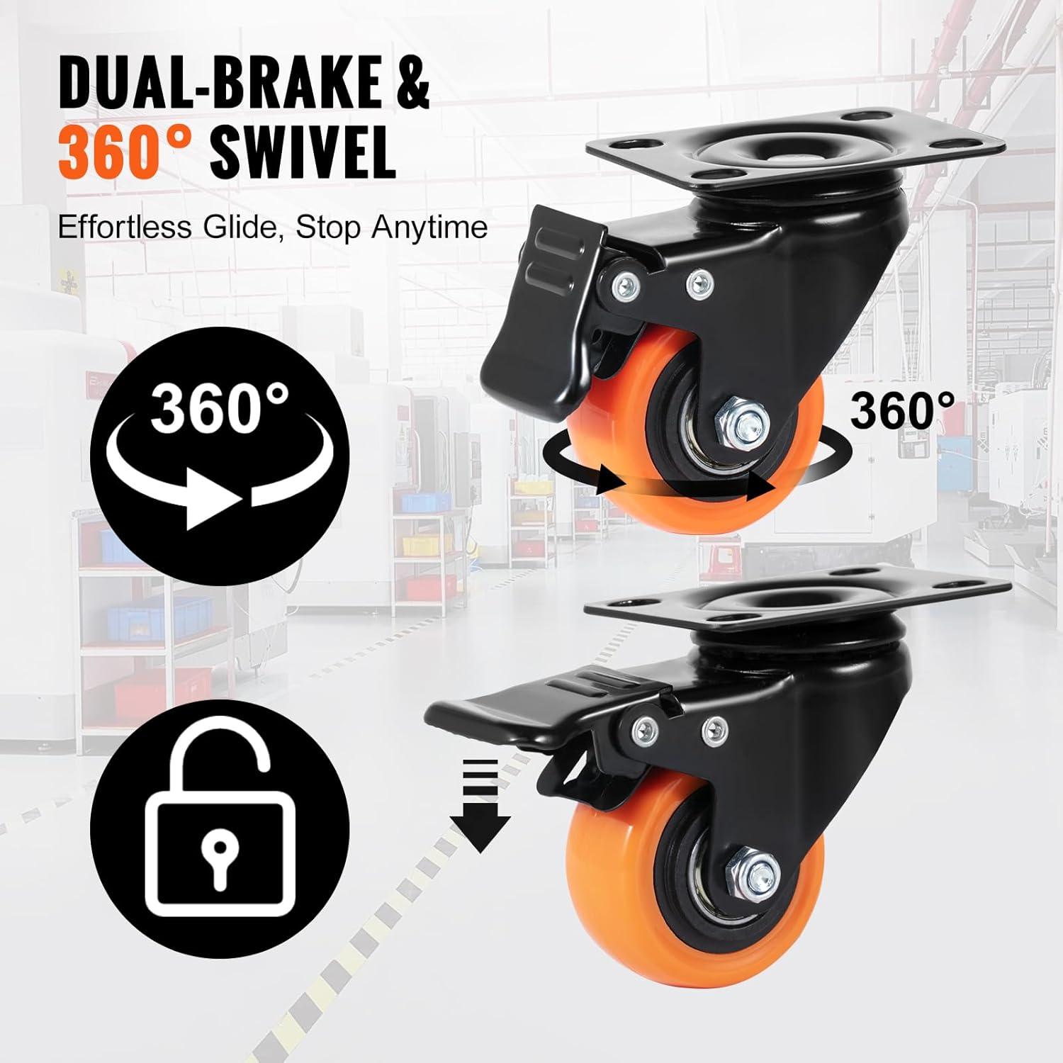 image:imageVEVOR Caster Wheels 2inch Swivel Plate Casters Set of 4 with Security Dual Locking No Noise PVC Wheels for Cart Furniture Workbench Heavy Duty 150 lbs Load Capacity Per Caster2inch