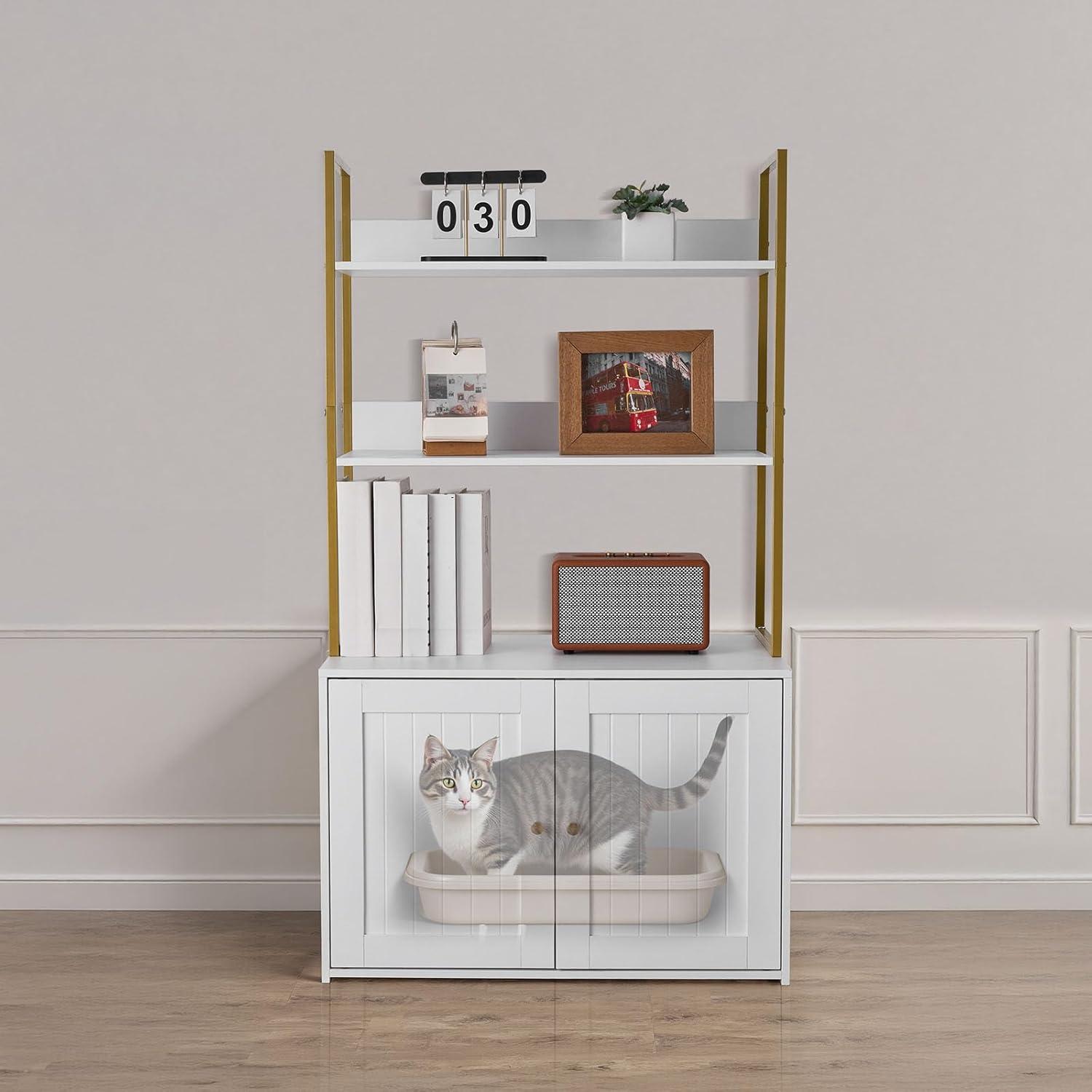 image:imageVEVOR Cat Litter Box Enclosure Furniture 236 in Hidden Litter Box Cabinet with Storage Shelves Modern Style Waterproof Washroom Side Table Cat House Fit Most of Litterbox for Living RoomWhite