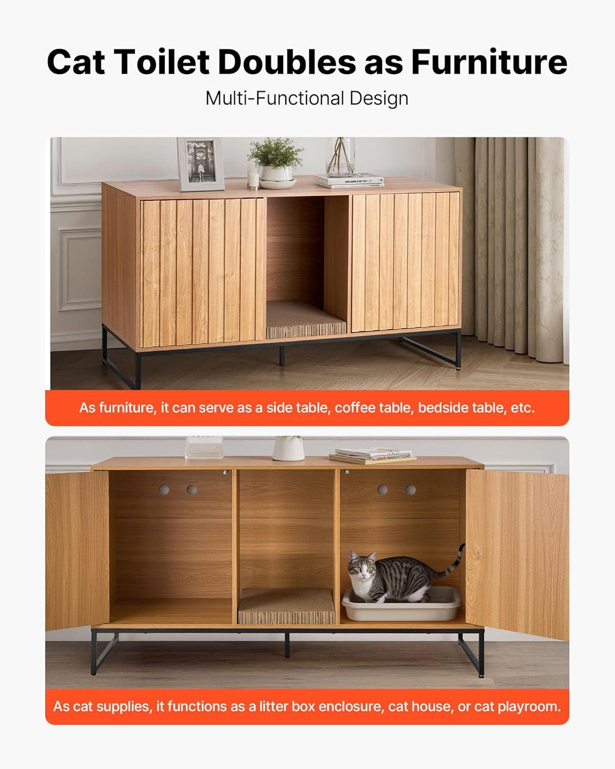 image:imageVEVOR Cat Litter Box Enclosure Furniture 236 in Hidden Litter Box Cabinet with Storage Shelves Modern Style Waterproof Washroom Side Table Cat House Fit Most of Litterbox for Living RoomNatural wood colour