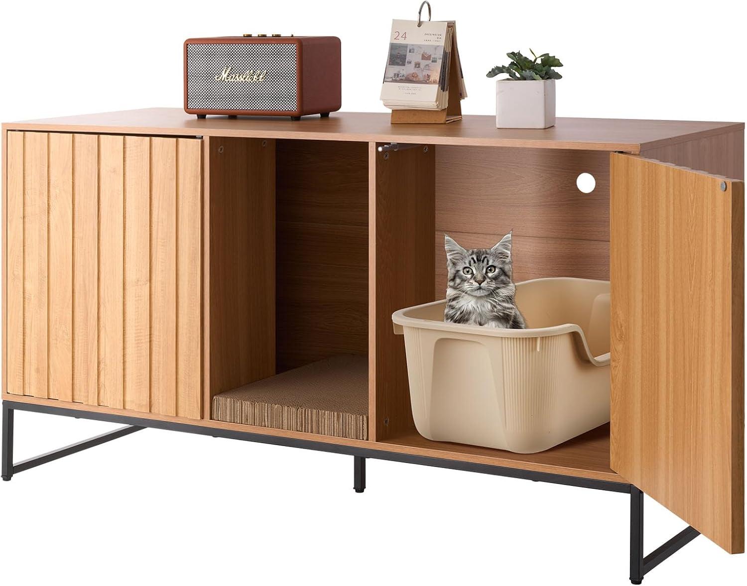 image:imageVEVOR Cat Litter Box Enclosure Furniture 236 in Hidden Litter Box Cabinet with Storage Shelves Modern Style Waterproof Washroom Side Table Cat House Fit Most of Litterbox for Living RoomNatural wood colour